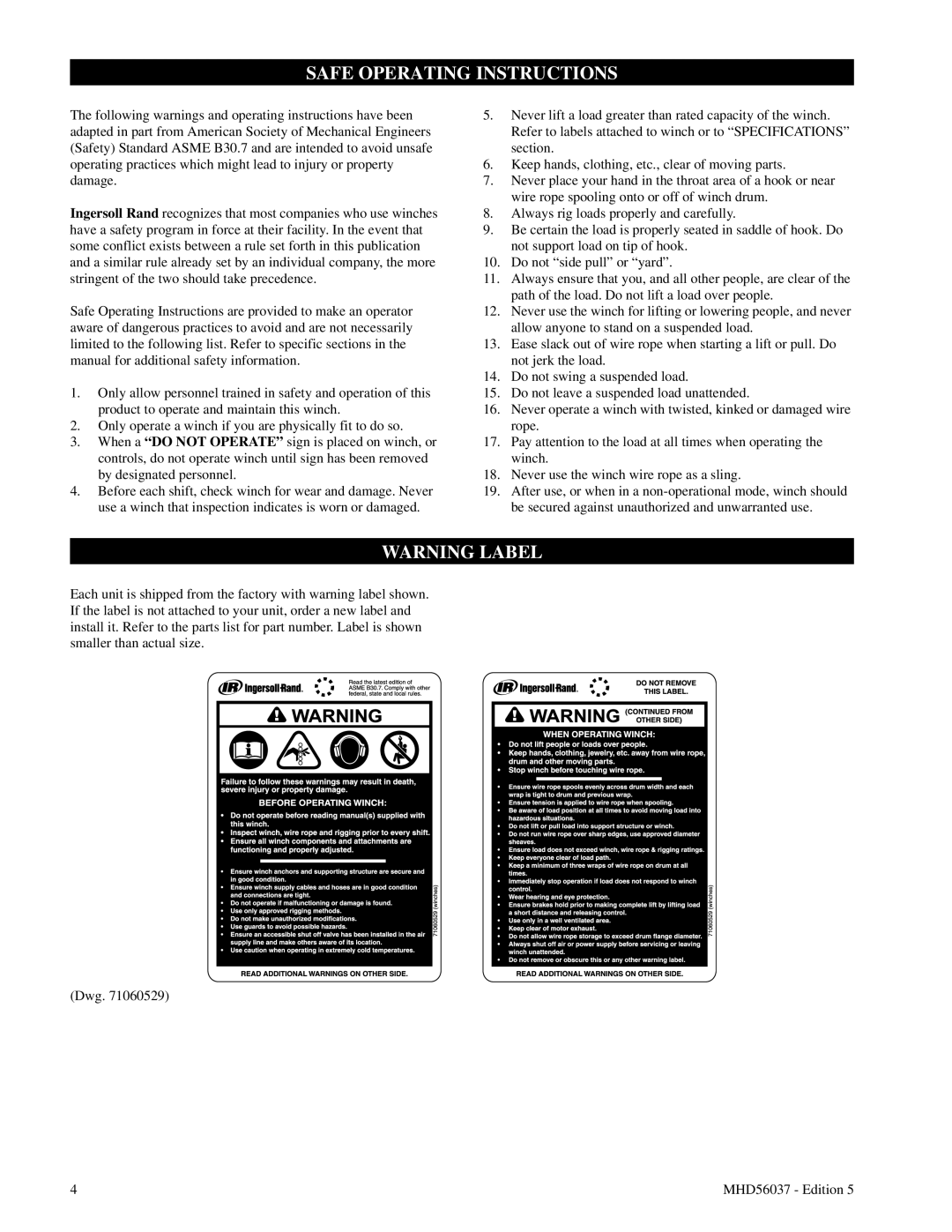 Ingersoll-Rand FA5T manual Safe Operating Instructions, Warning Label 