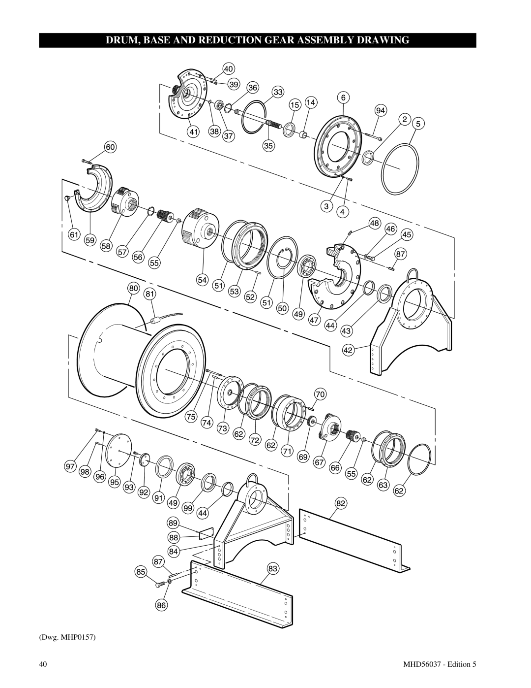 Ingersoll-Rand FA5T manual Drum, Base And Reduction Gear Assembly Drawing, Dwg. MHP0157, MHD56037 - Edition 
