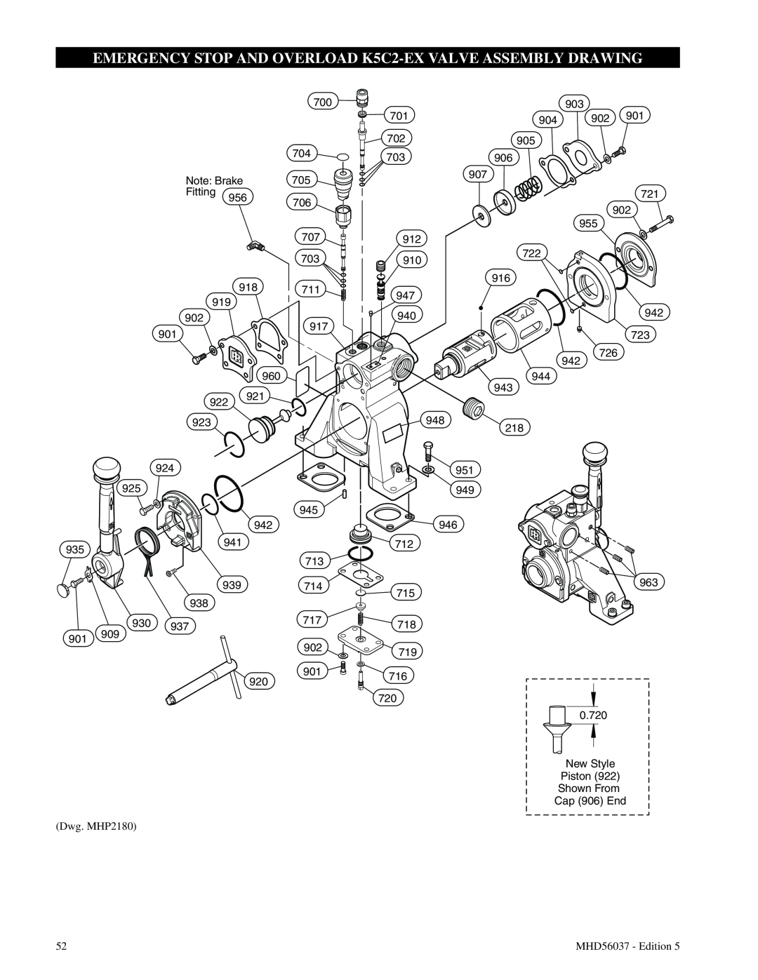 Ingersoll-Rand FA5T manual EMERGENCY STOP AND OVERLOAD K5C2-EX VALVE ASSEMBLY DRAWING, Dwg. MHP2180 