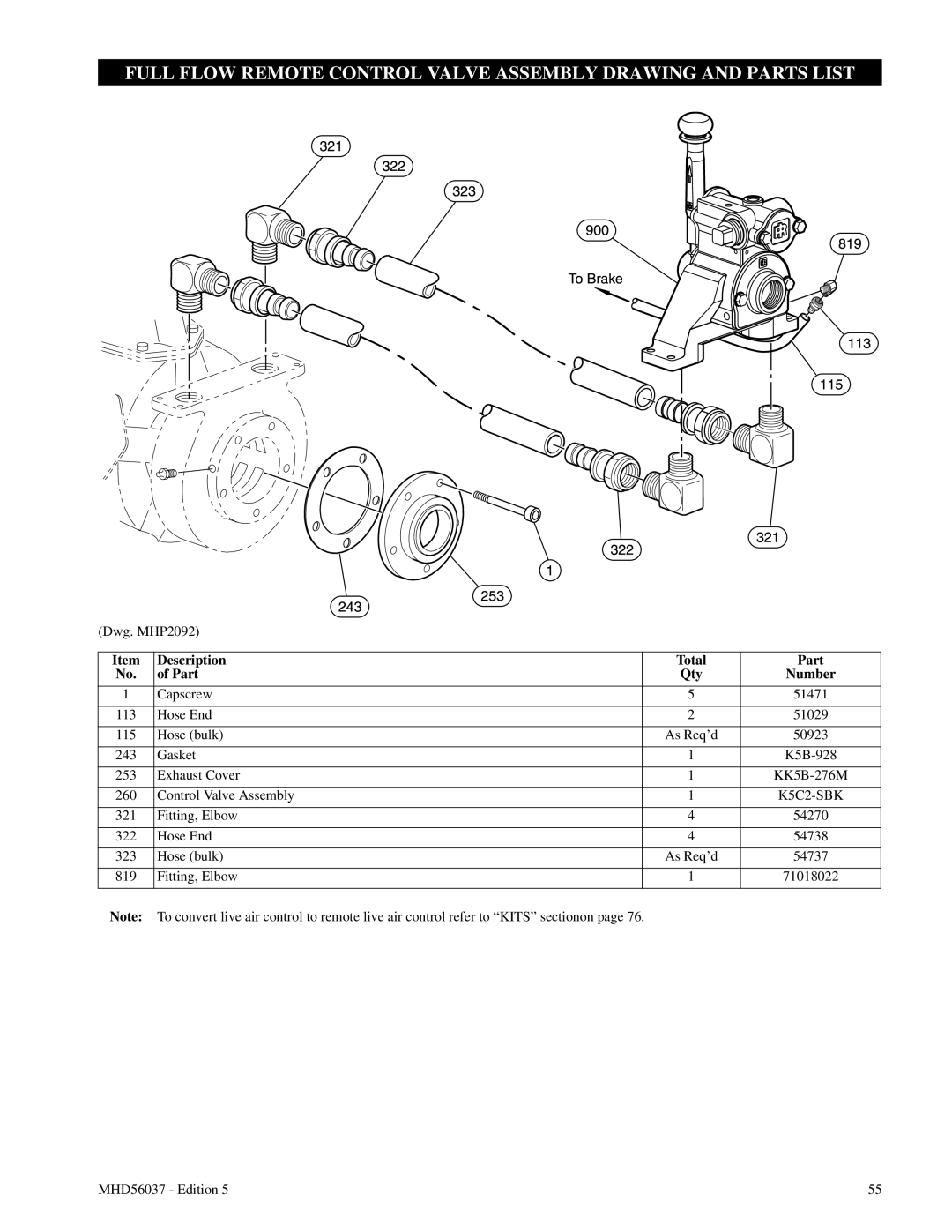 Ingersoll-Rand FA5T manual Full Flow Remote Control Valve Assembly Drawing And Parts List, Description, of Part 