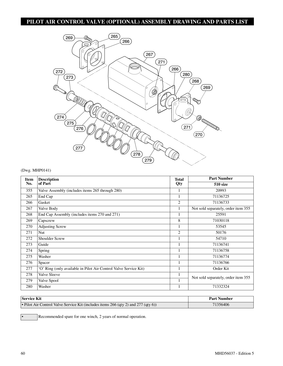 Ingersoll-Rand FA5 Pilot Air Control Valve Optional Assembly Drawing And Parts List, Description, Part Number, of Part 