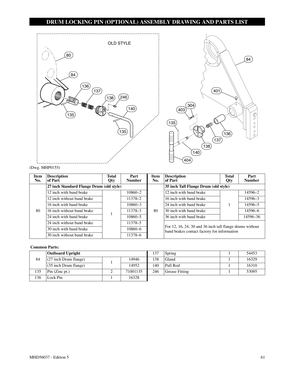 Ingersoll-Rand FA5T manual Drum Locking Pin Optional Assembly Drawing And Parts List, Description, of Part, Number 