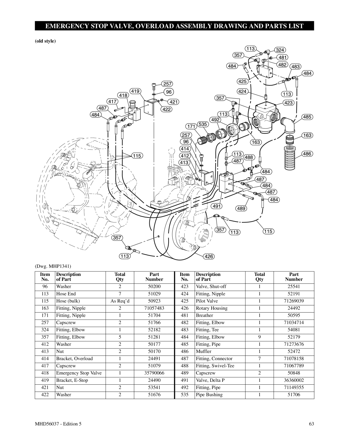 Ingersoll-Rand FA5T manual Emergency Stop Valve, Overload Assembly Drawing And Parts List, old style, Description, of Part 