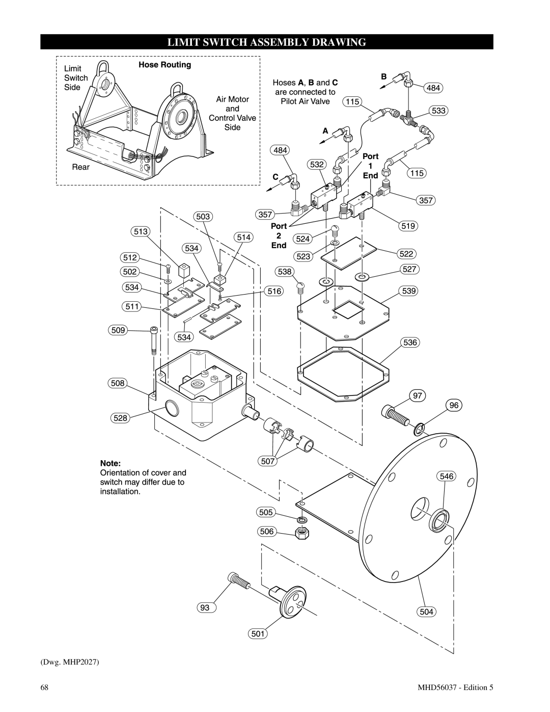 Ingersoll-Rand FA5T manual Limit Switch Assembly Drawing, Dwg. MHP2027, MHD56037 - Edition 