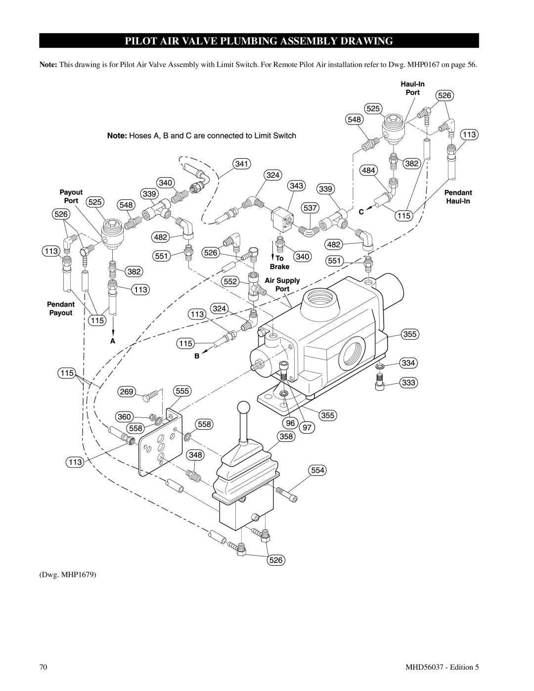 Ingersoll-Rand FA5T manual Pilot Air Valve Plumbing Assembly Drawing, Dwg. MHP1679, MHD56037 - Edition 