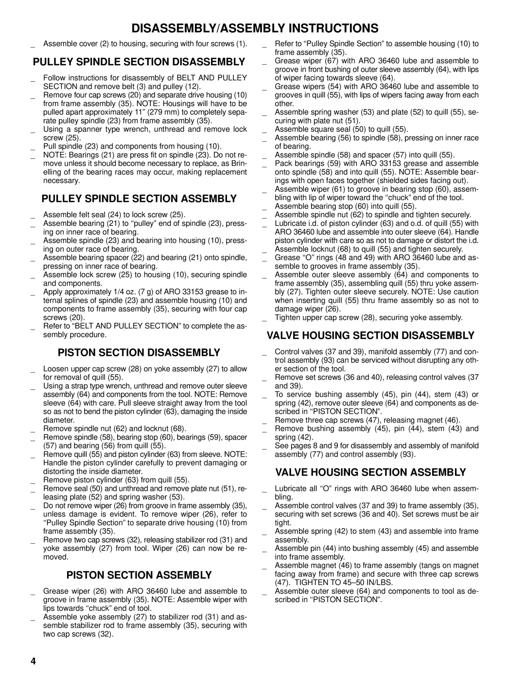 Ingersoll-Rand FE034A Pulley Spindle Section Disassembly, Pulley Spindle Section Assembly, Piston Section Disassembly 