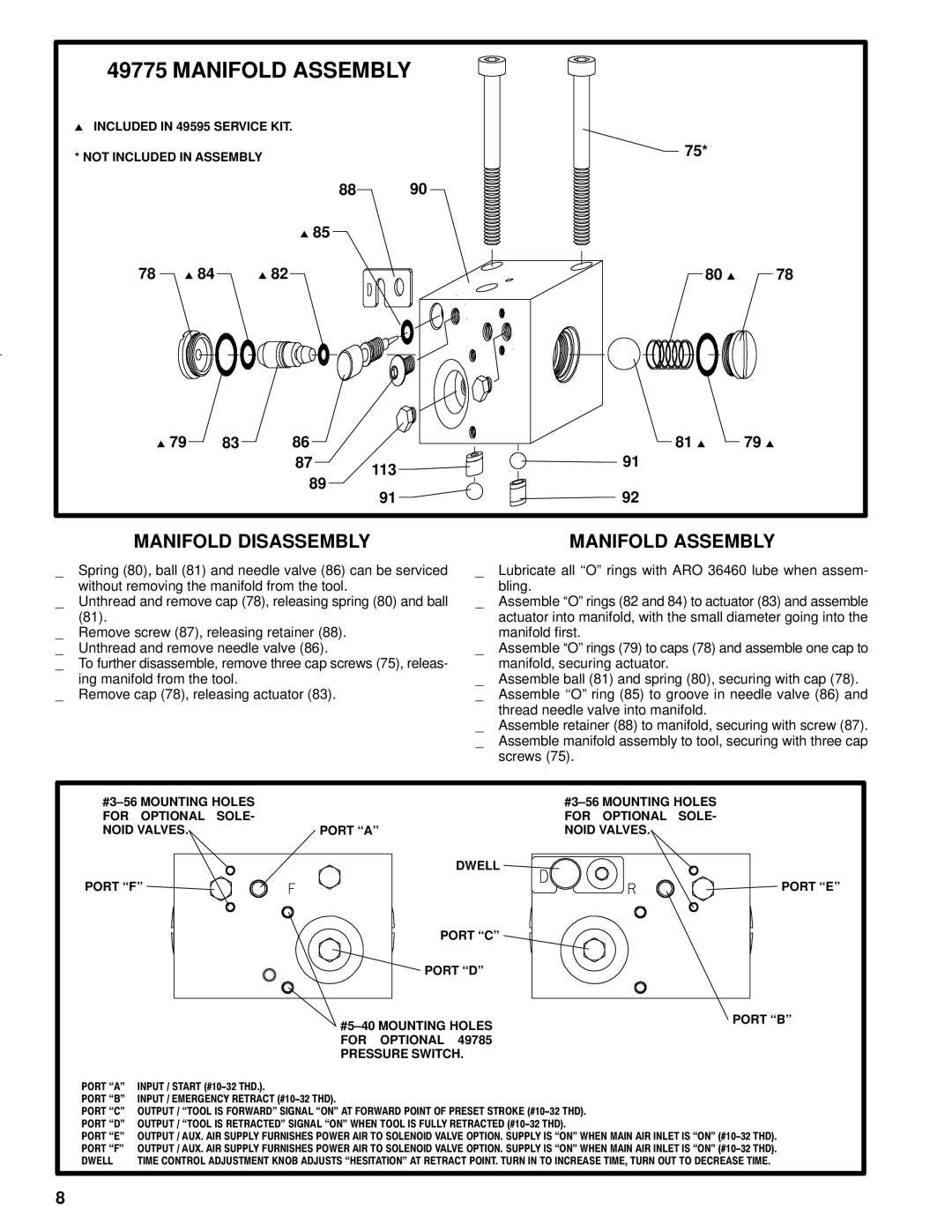 Ingersoll-Rand FE034A specifications Manifold Disassembly Manifold Assembly 