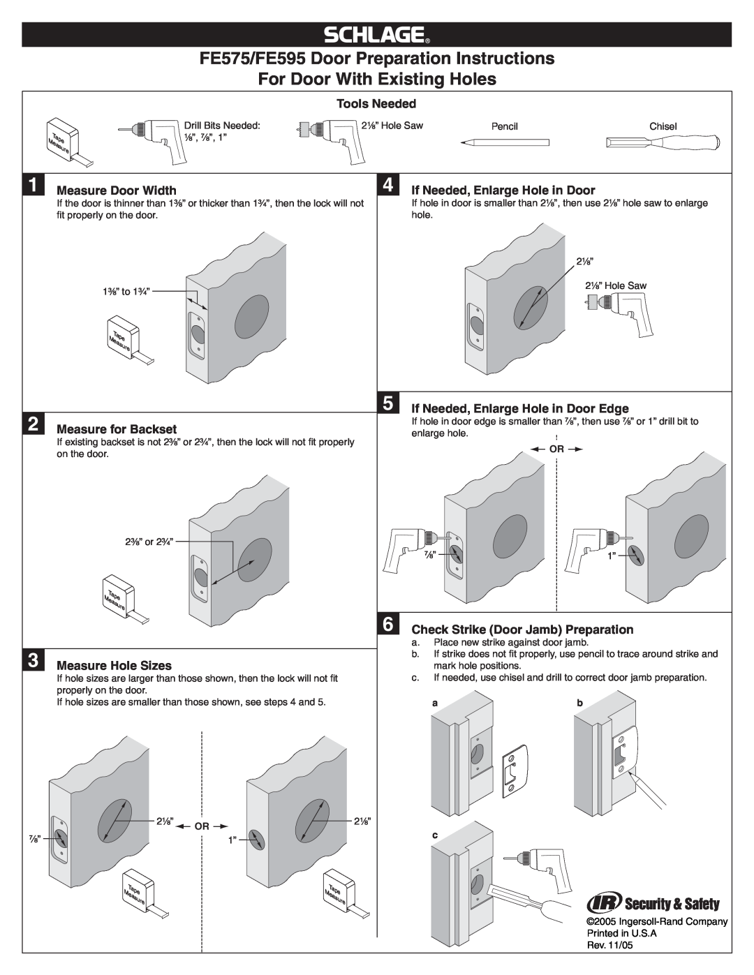 Ingersoll-Rand manual FE575/FE595 Door Preparation Instructions, For Door With Existing Holes, Tools Needed 
