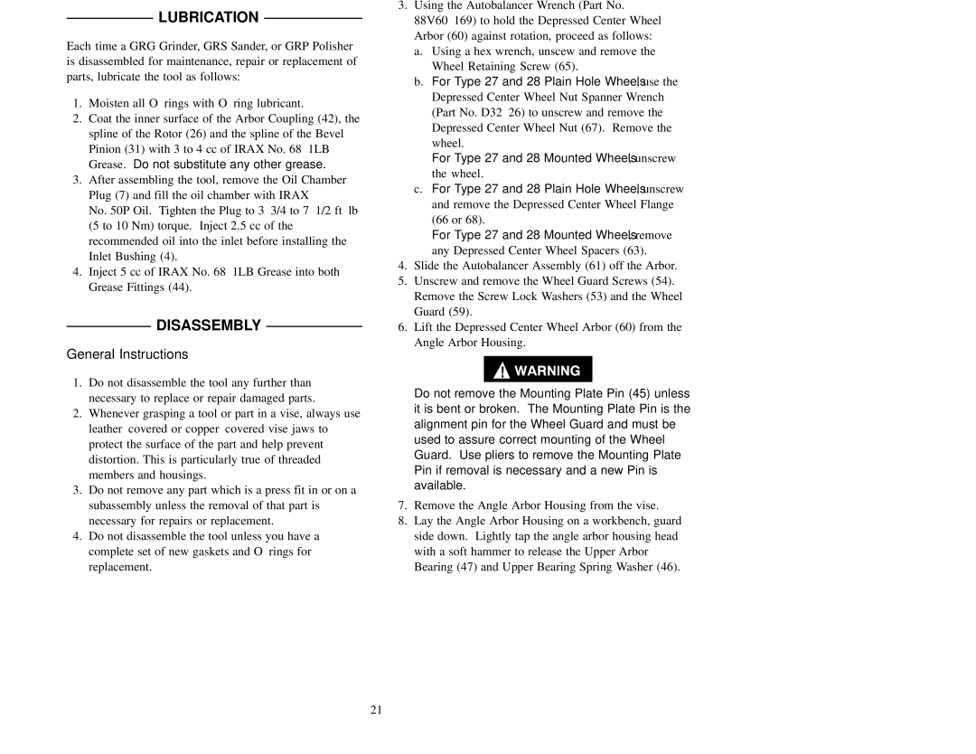 Ingersoll-Rand GRG15A06G7, GRS15A06S7 General Instructions, Disassembly of the Angle Head, For GRG15A or GRG15M Models 