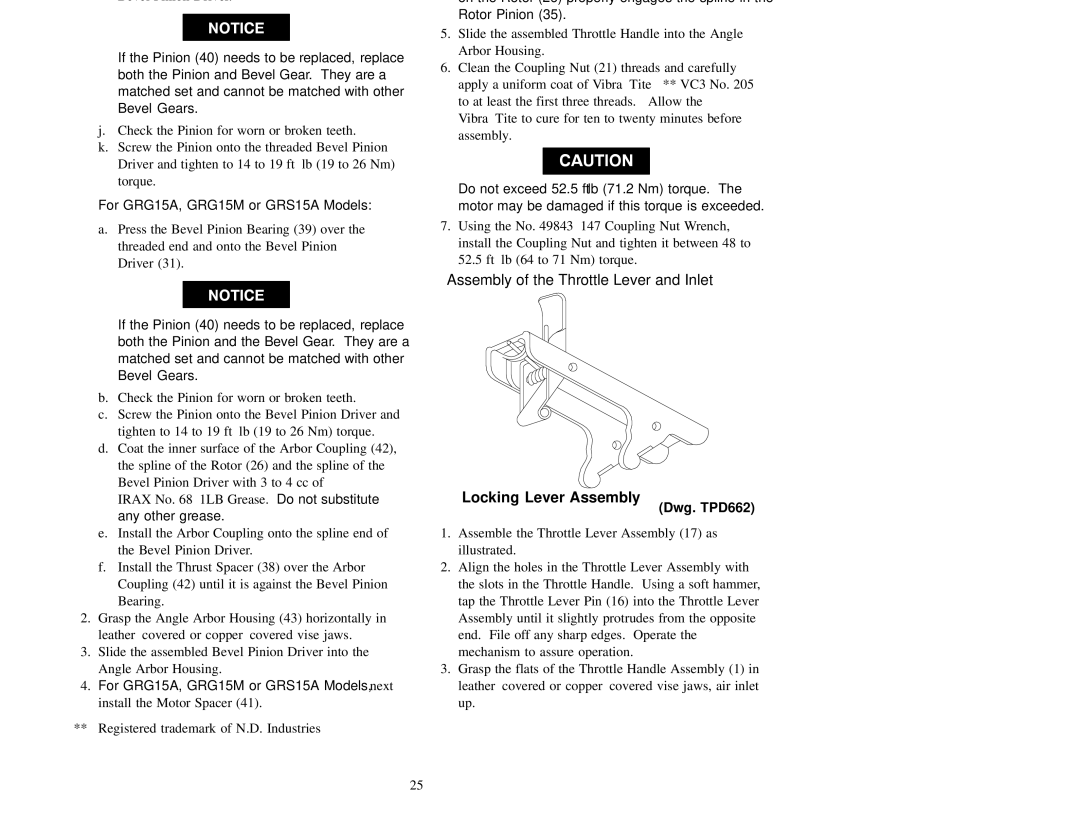 Ingersoll-Rand GRG15A08G7, GRS15A06S7, GRS15A04S9 manual Assembly of the Throttle Lever and Inlet, Locking Lever Assembly 