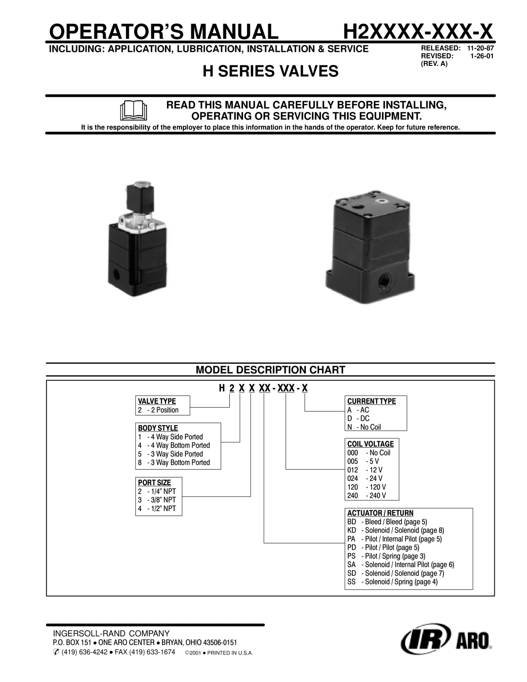 Ingersoll-Rand H2XXXX-XXX-X manual Including APPLICATION, LUBRICATION, Installation & Service, Model Description Chart 