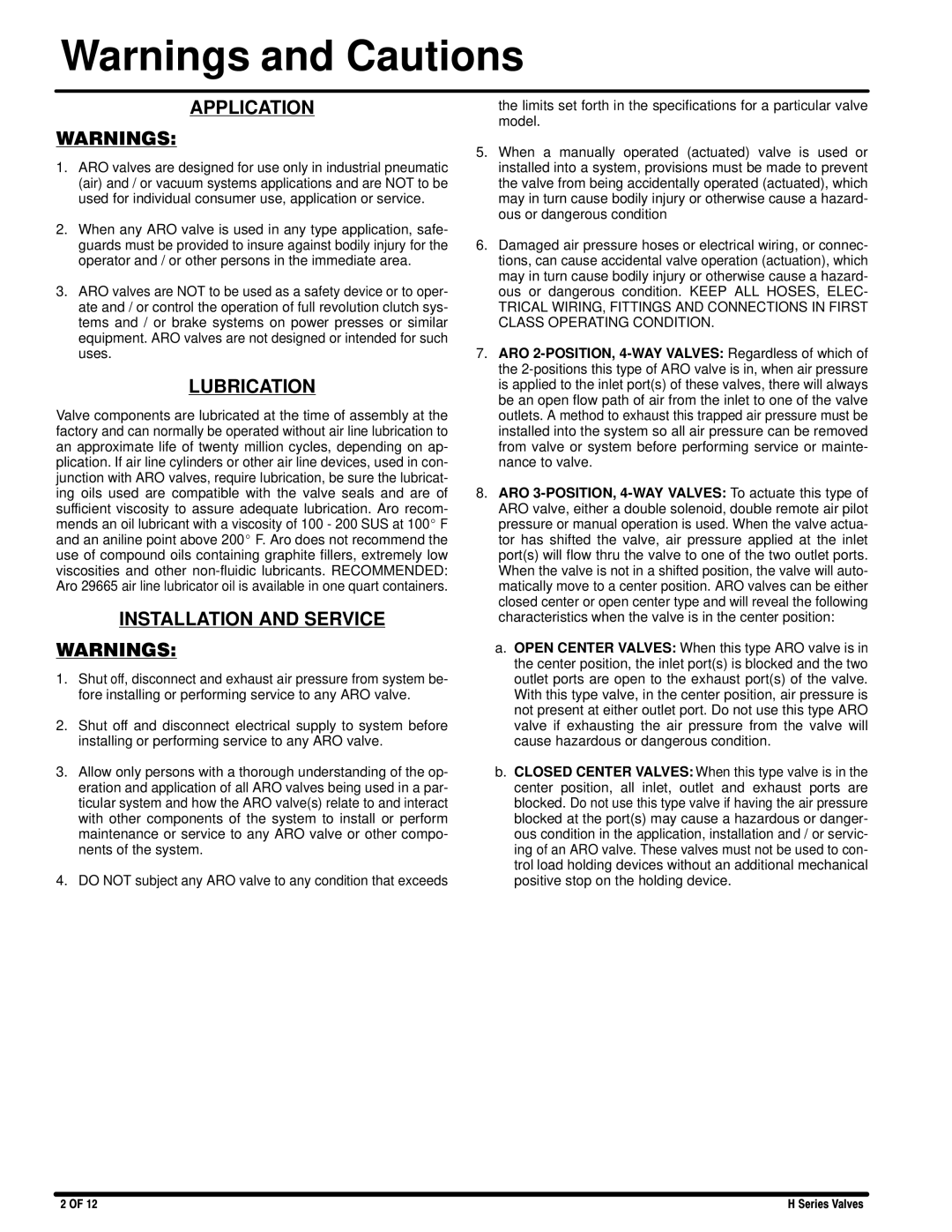 Ingersoll-Rand H2XXXX-XXX-X manual Application 