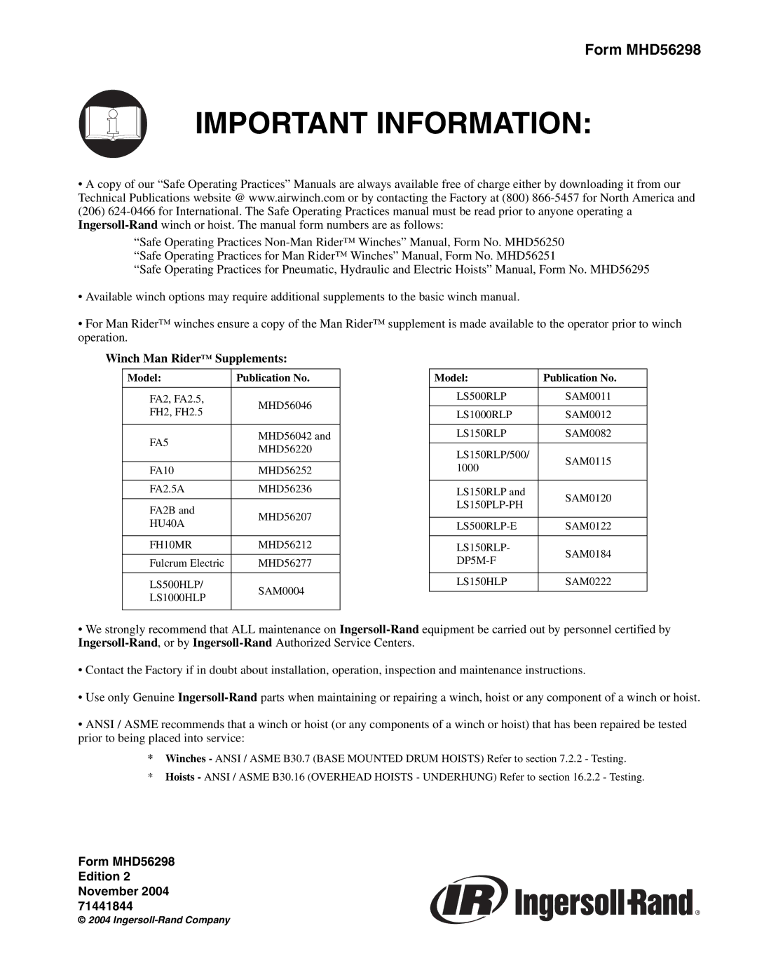 Ingersoll-Rand LS500RLP-E, HU40A, Fulcrum Electric, LS150RLP/500/ 1000, LS150HLP, LS150RLP-DP5M-F manual Important Information 