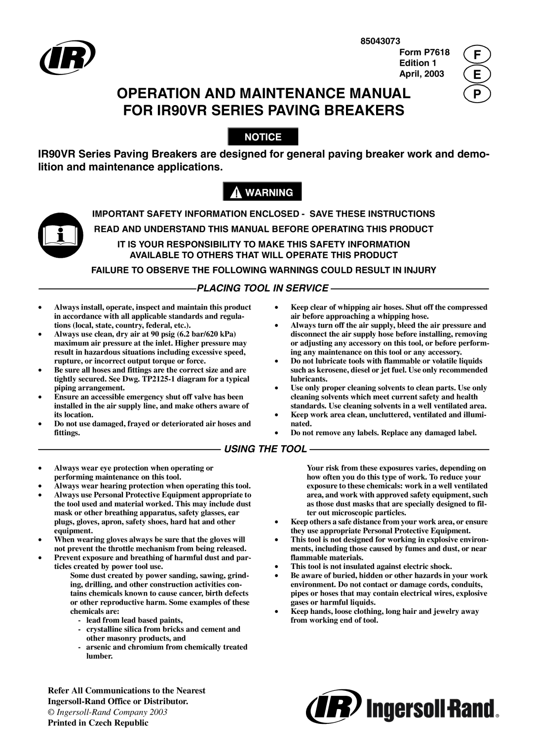 Ingersoll-Rand IR90VR manual Placing Tool in Service, Using the Tool 