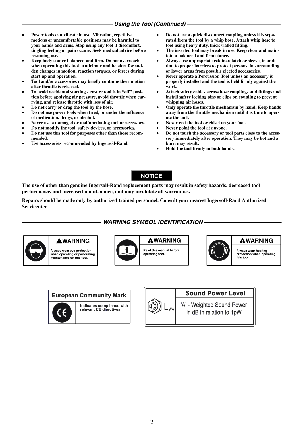 Ingersoll-Rand IR90VR manual Sound Power Level, Using the Tool 