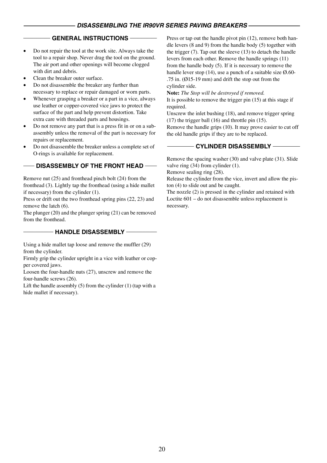 Ingersoll-Rand manual Disassembling the IR90VR Series Paving Breakers, General Instructions 