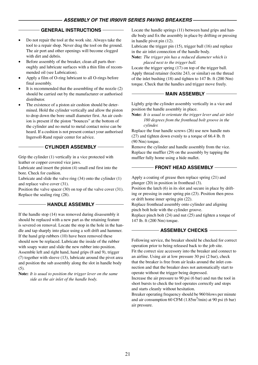 Ingersoll-Rand manual Assembly of the IR90VR Series Paving Breakers, Cylinder Assembly 