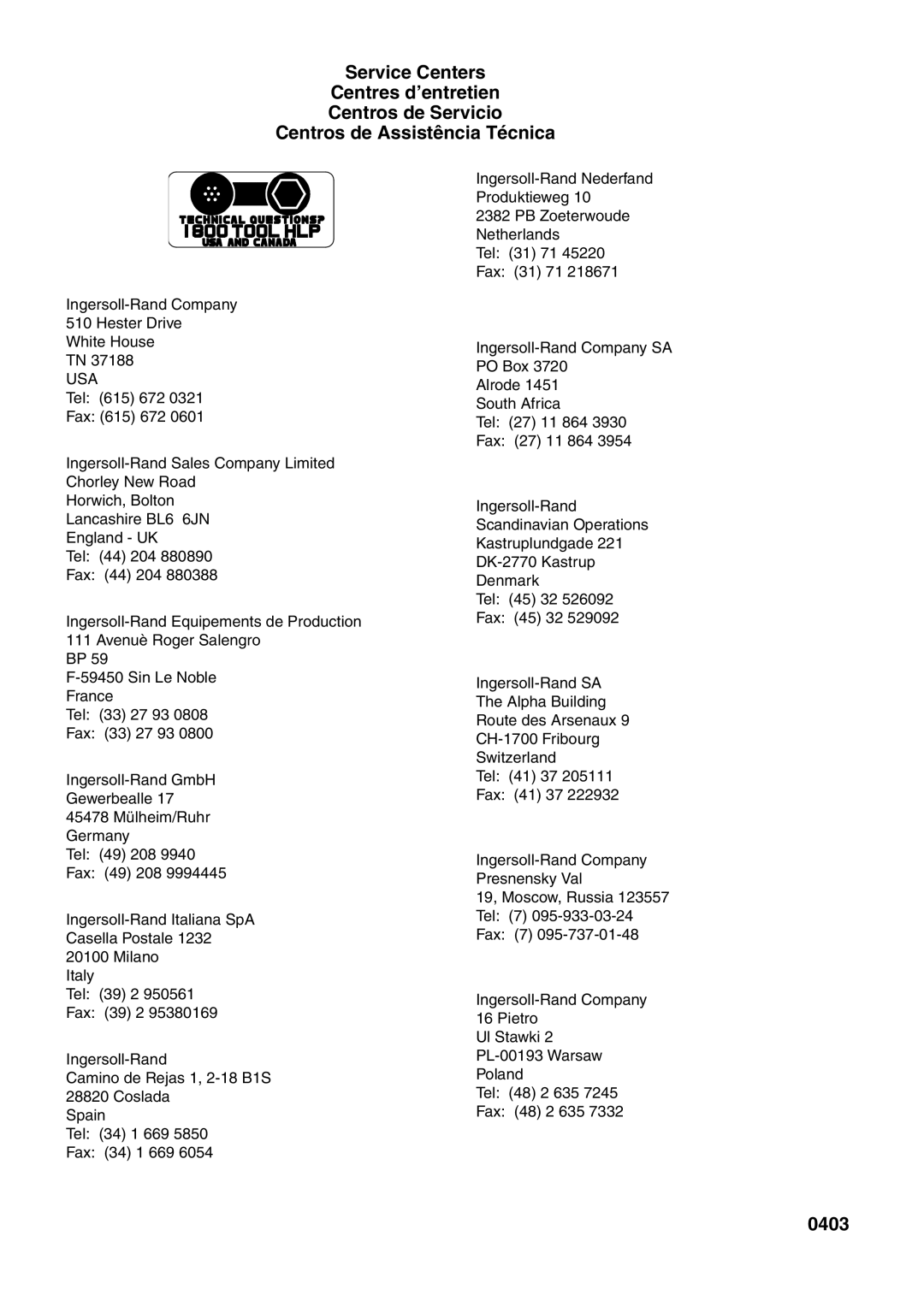 Ingersoll-Rand IR90VR manual 0403 