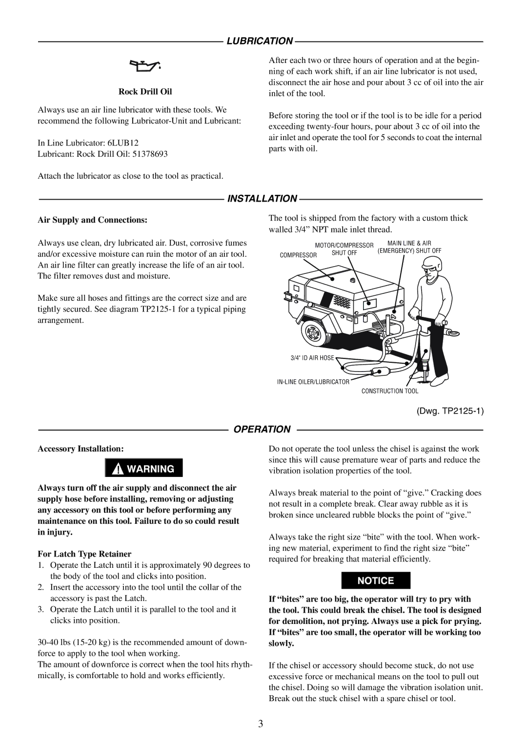 Ingersoll-Rand IR90VR manual Lubrication, Installation, Operation, Rock Drill Oil, Air Supply and Connections 