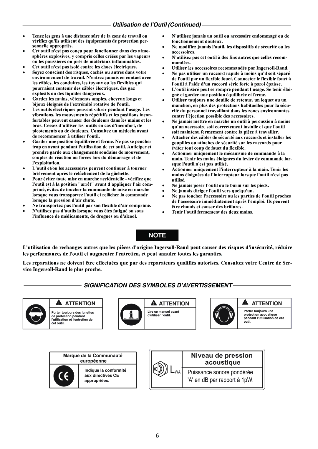 Ingersoll-Rand IR90VR manual Utilisation de lOutil, Signification DES Symboles D’AVERTISSEMENT 