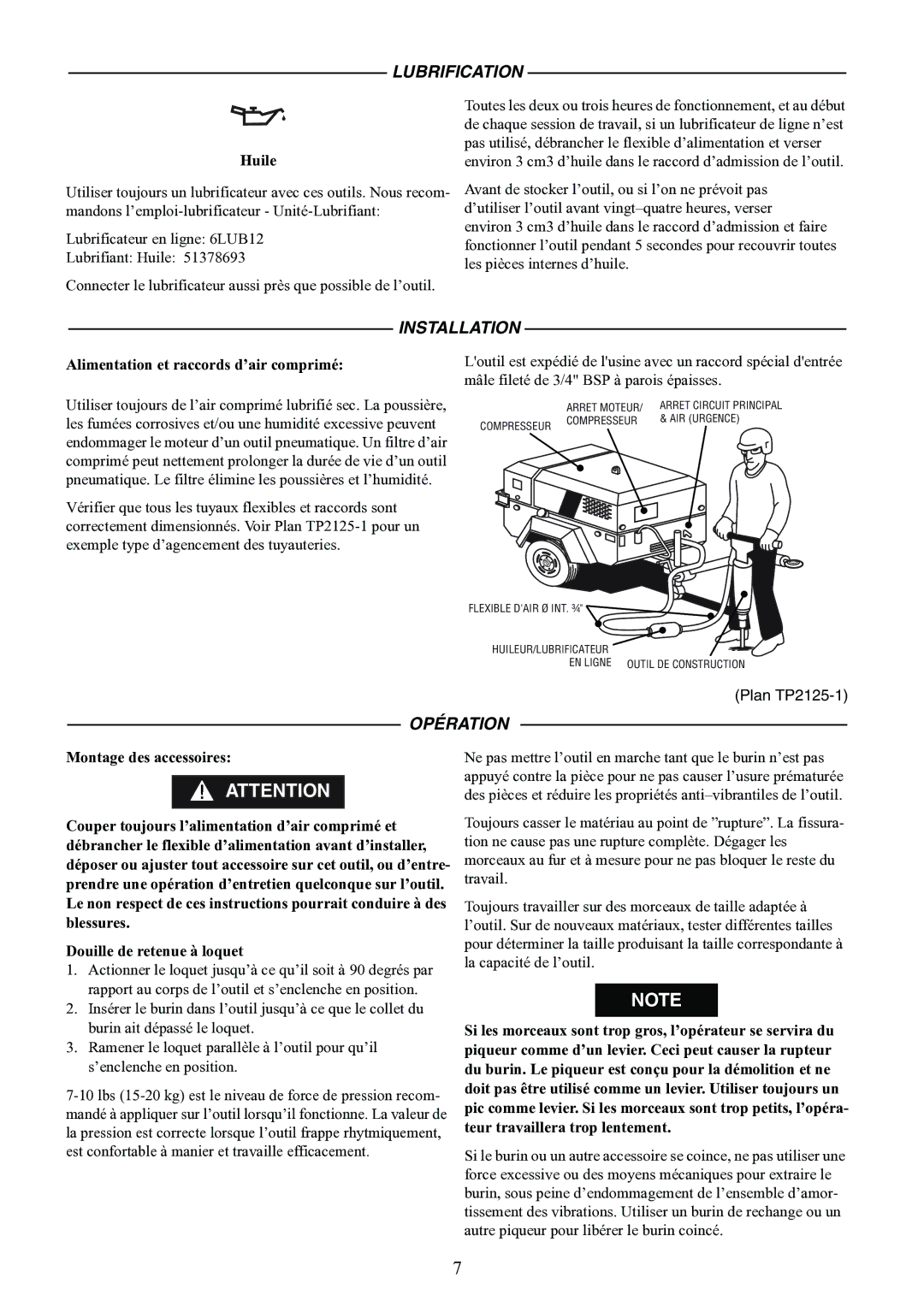 Ingersoll-Rand IR90VR manual Lubrification, Opération, Huile, Alimentation et raccords d’air comprimé 