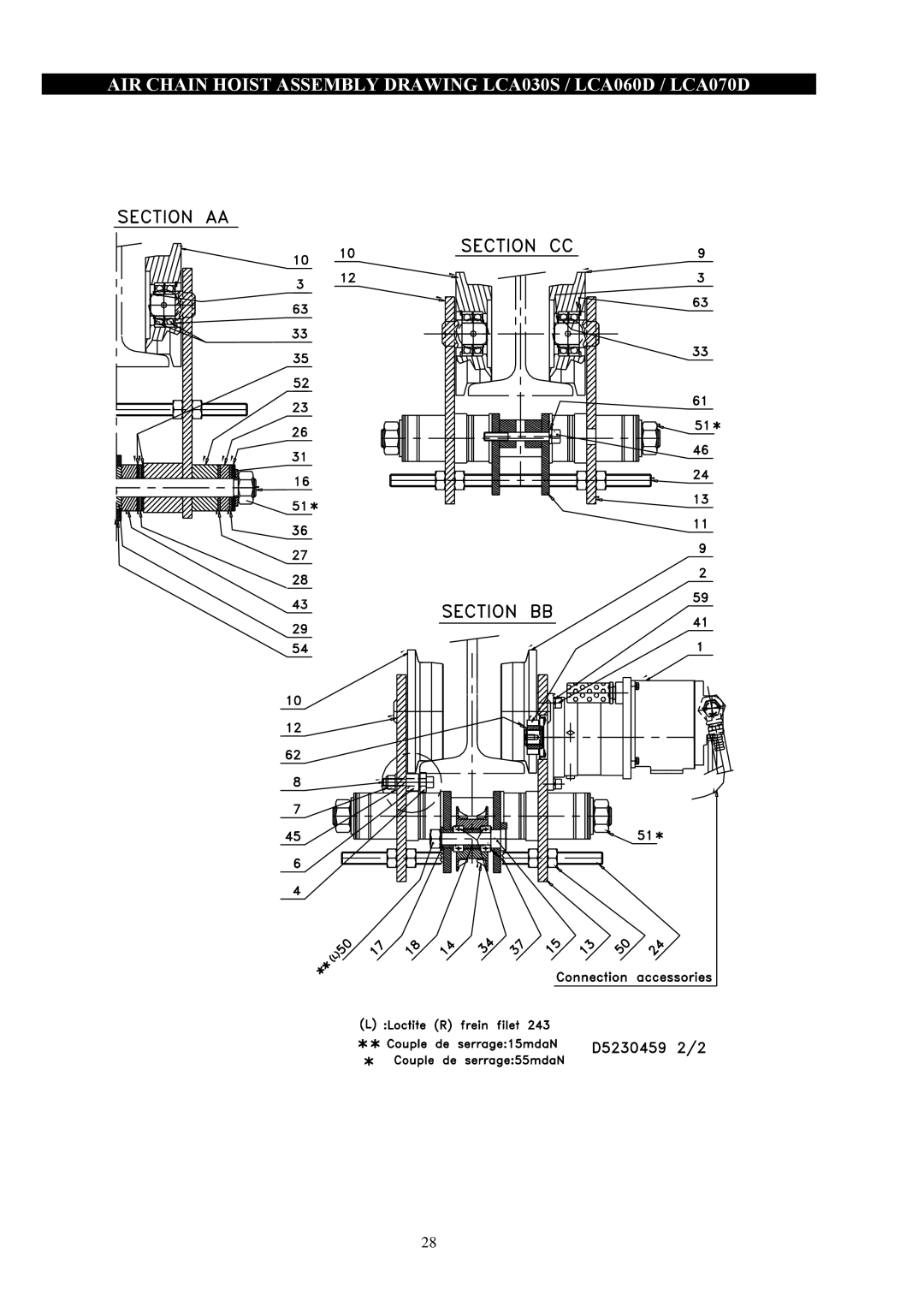 Ingersoll-Rand LCA060SIP3LRE...-E, LCA250QIP3LRN..-E manual AIR Chain Hoist Assembly Drawing LCA030S / LCA060D / LCA070D 