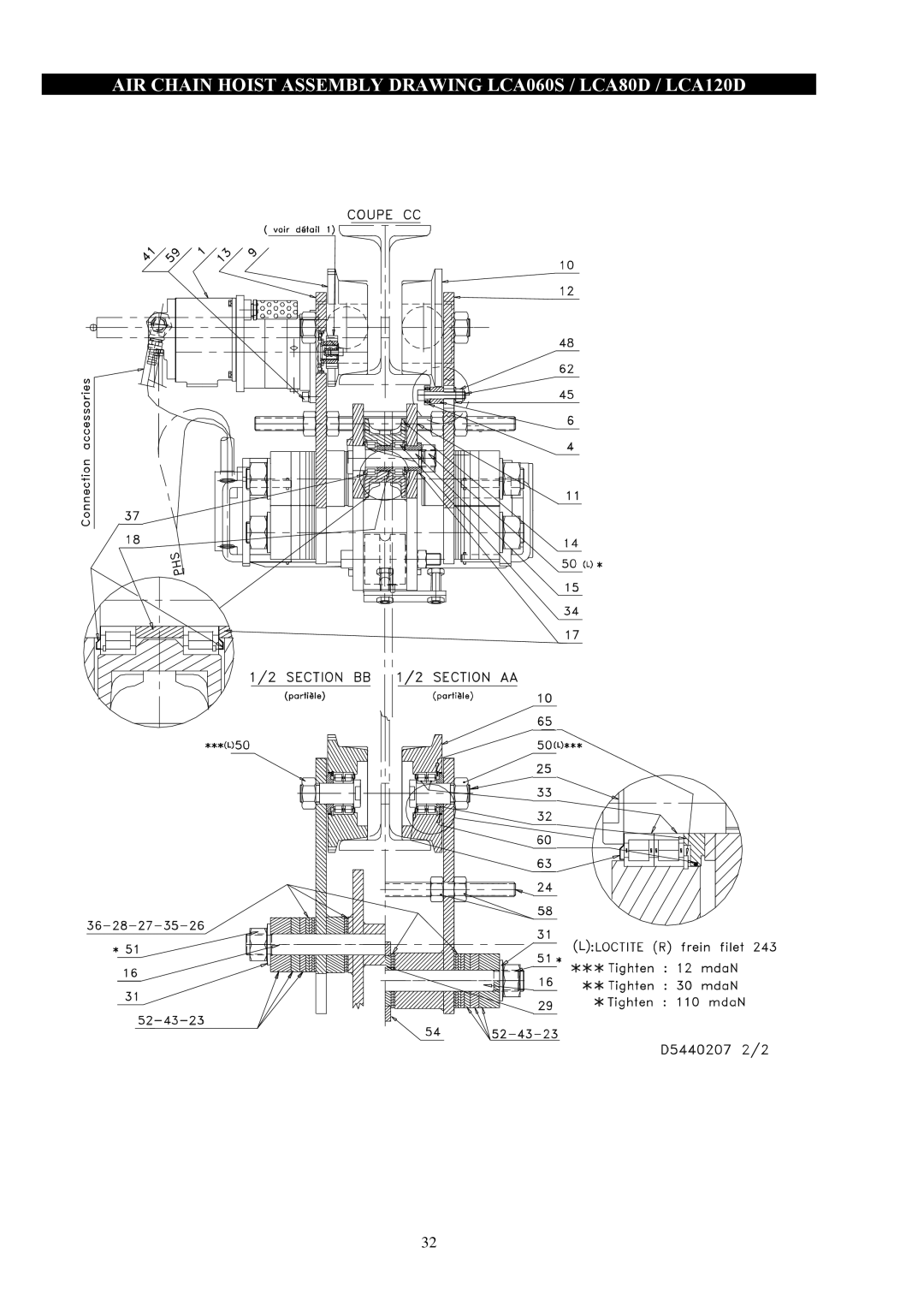 Ingersoll-Rand LC2A015SIP3LVU, LCA250QIP3LRN..-E, LCA060DIP3LRU AIR Chain Hoist Assembly Drawing LCA060S / LCA80D / LCA120D 