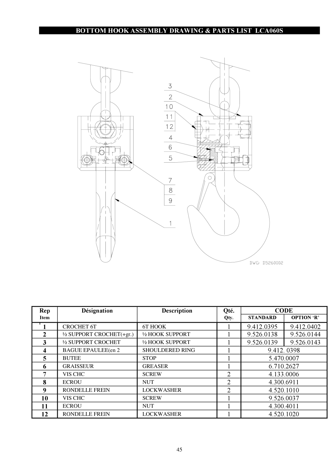 Ingersoll-Rand LCA250QIP3LRN..-E, LCA120DIP3LRN..-E, LC2A015SIP3LVU Bottom Hook Assembly Drawing & Parts List LCA060S, Code 