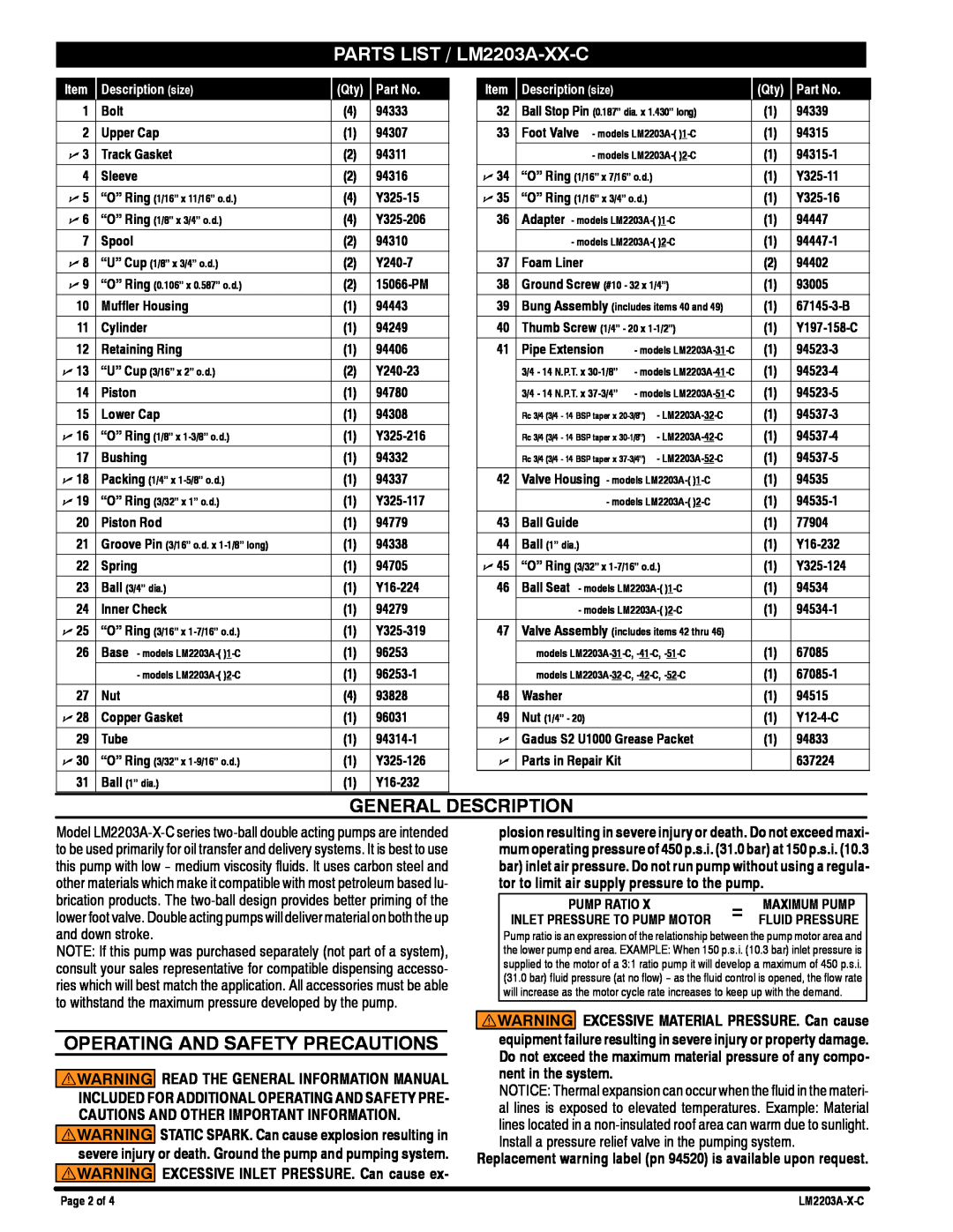 Ingersoll-Rand LM2203A-X-C specifications PARTS LIST / LM2203A-XX-C, General Description, Operating And Safety Precautions 