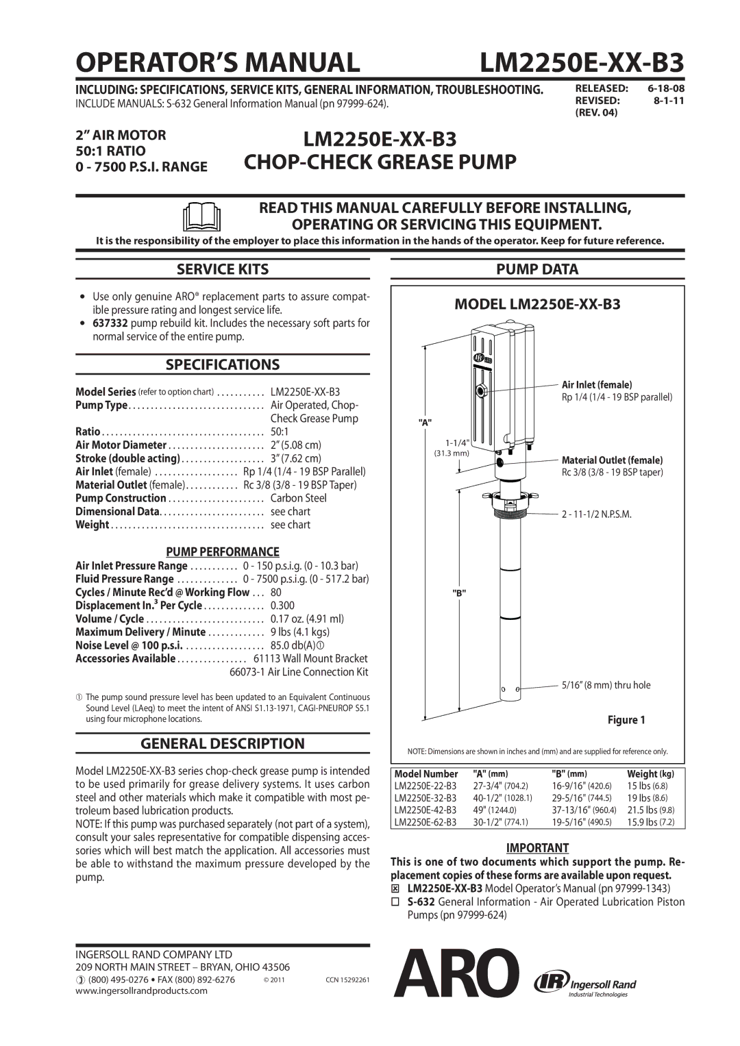 Ingersoll-Rand specifications Service Kits, Specifications Pump Data Model LM2250E-XX-B3, General Description 