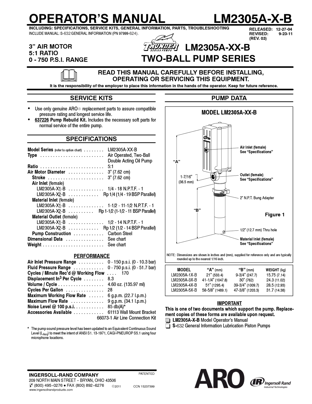 Ingersoll-Rand LM2305A-X-B specifications AIR Motor, Ratio, Service Kits, Specifications, Pump Data Model LM2305A-XX-B 