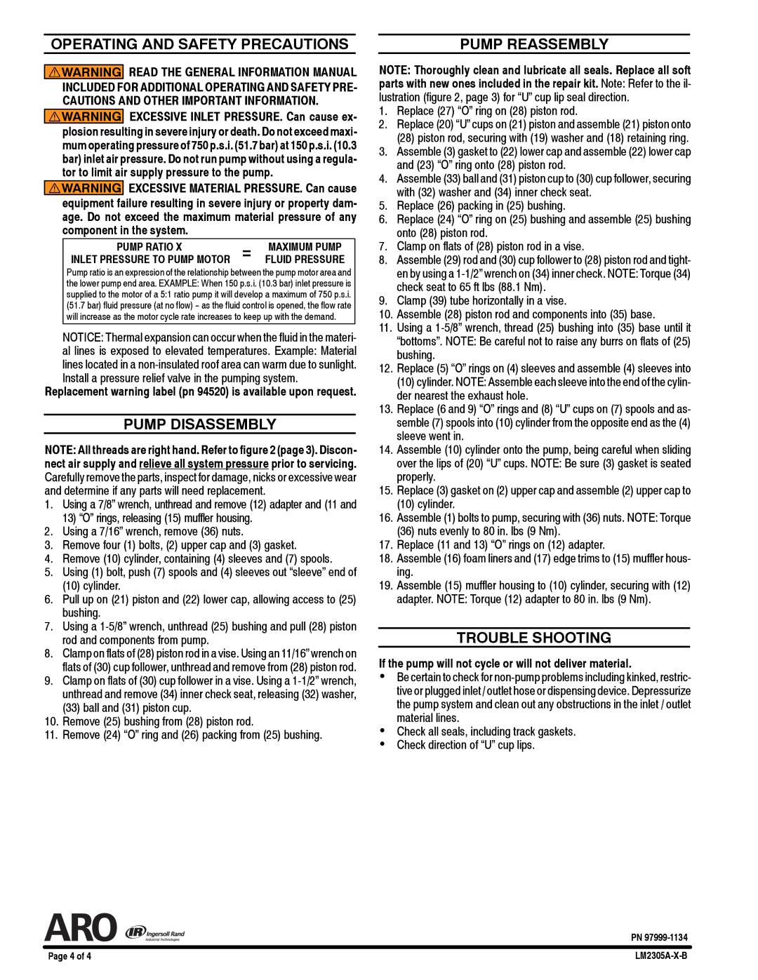 Ingersoll-Rand LM2305A-X-B Operating and Safety Precautions, Pump Disassembly, Pump Reassembly, Trouble Shooting 