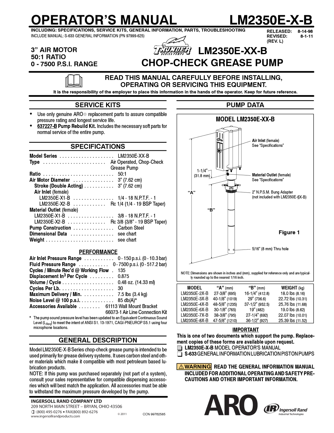 Ingersoll-Rand LM2350E-XX-B specifications AIR Motor, Service Kits, Specifications, General Description 