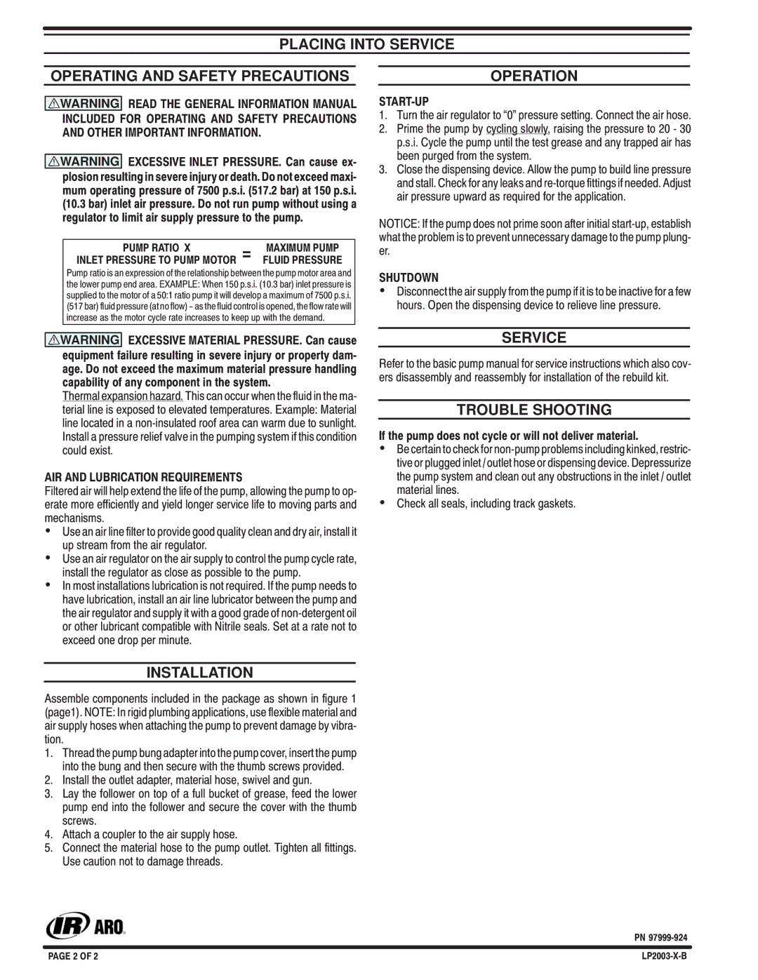 Ingersoll-Rand LP20041B Placing Into Service Operating and Safety Precautions, Operation, Trouble Shooting, Installation 