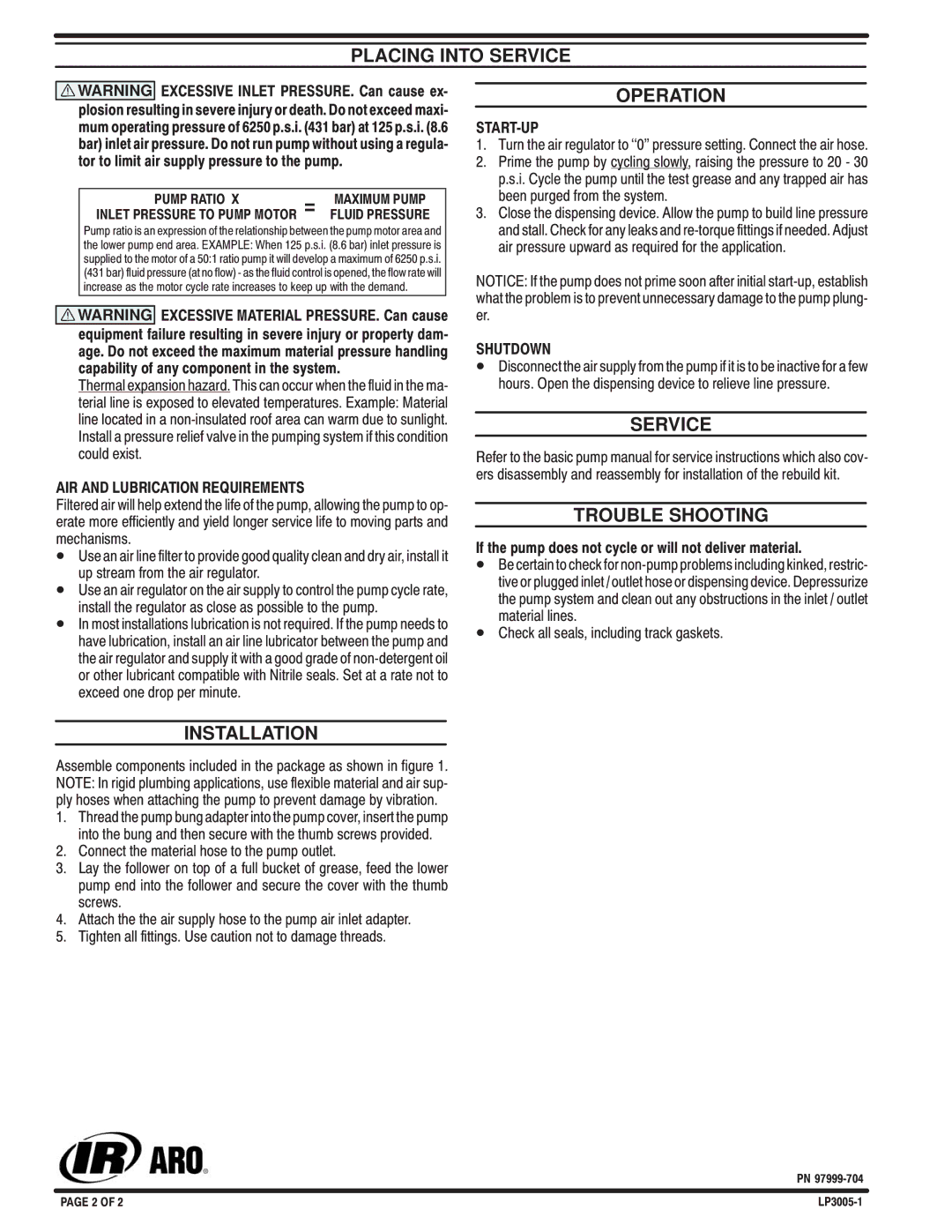 Ingersoll-Rand LP3005-1, LP3009-1 specifications Placing Into Service, Operation, Trouble Shooting, Installation 