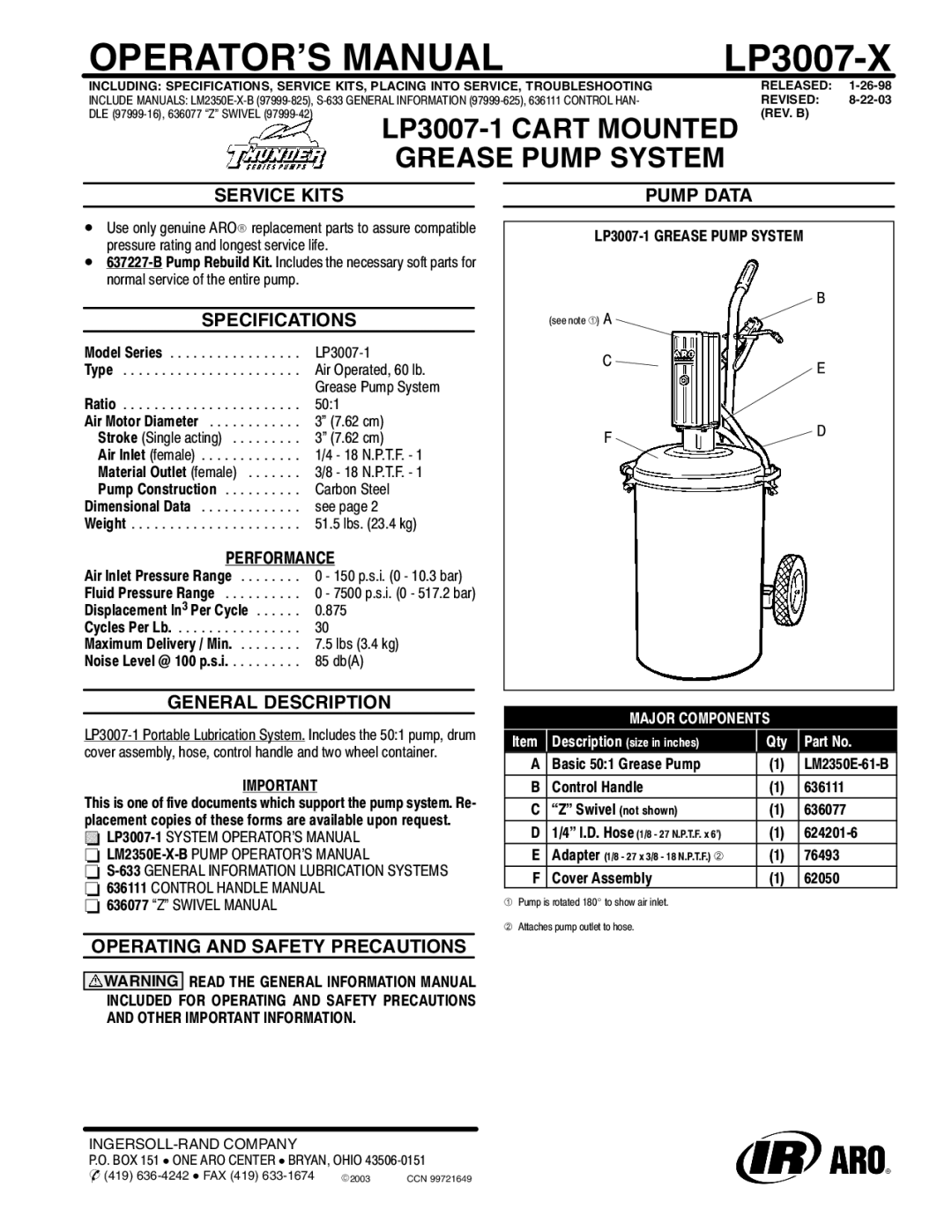 Ingersoll-Rand LP3007-X specifications Service Kits, General Description, Operating and Safety Precautions Pump Data 