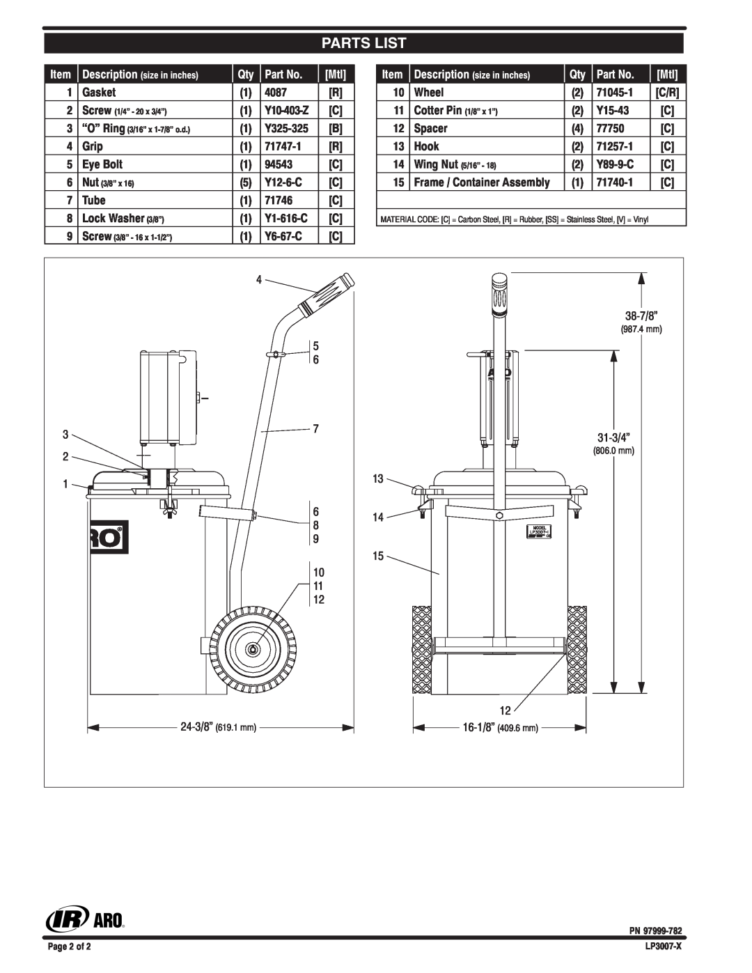Ingersoll-Rand LP3007-1, LP3007-X specifications Parts List 