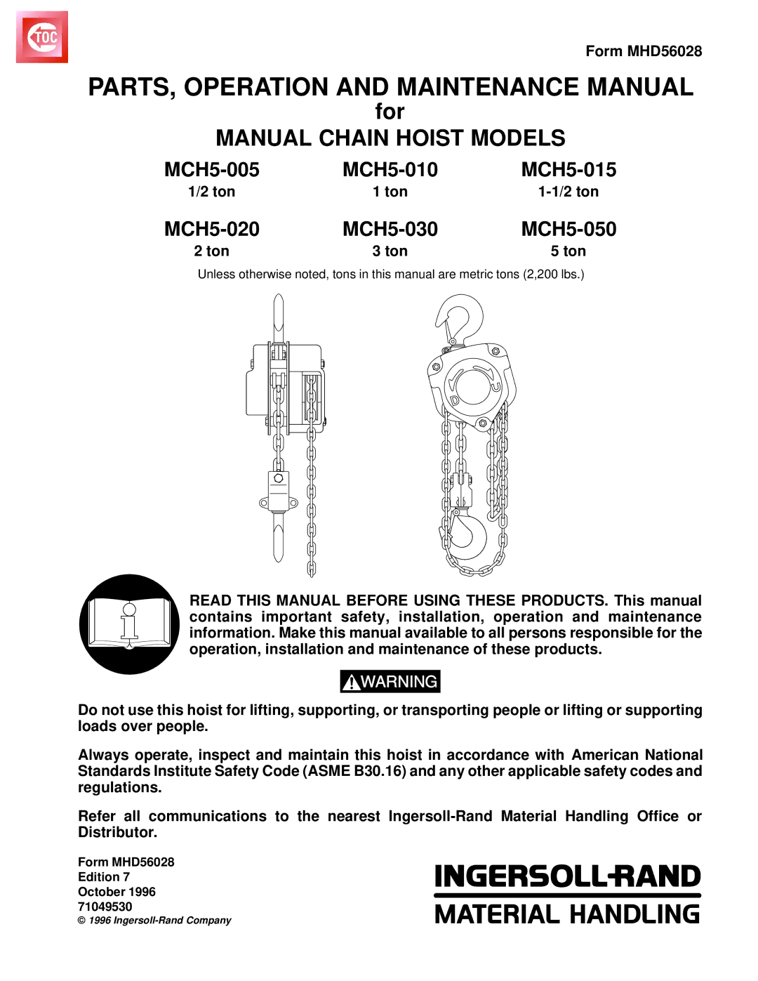 Ingersoll-Rand MCH5-050, MCH5-030, MCH5-015, MCH5-020, MCH5-010, MCH5-005 manual PARTS, Operation and Maintenance Manual 