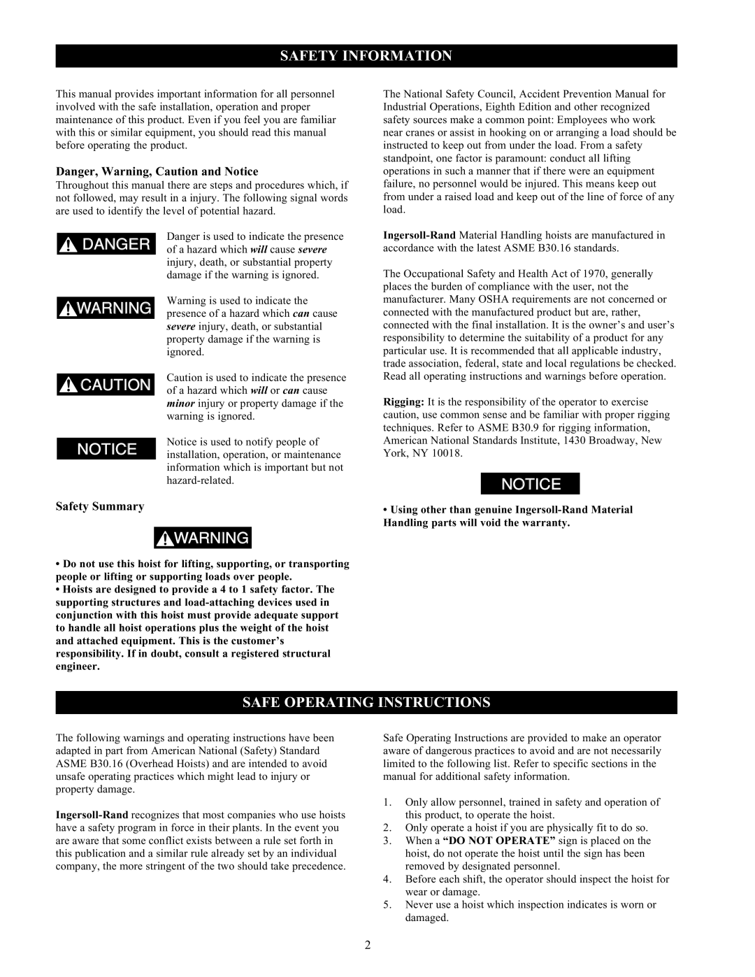 Ingersoll-Rand MCH5-015, MCH5-030, MCH5-050, MCH5-020 manual Safety Information, Safe Operating Instructions, Safety Summary 