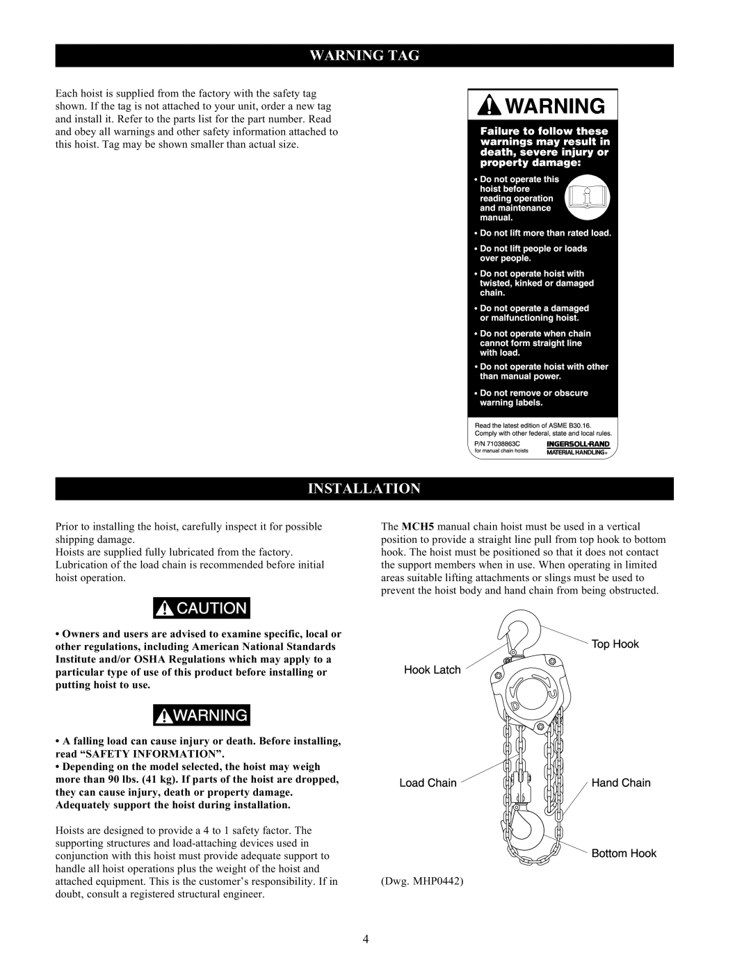 Ingersoll-Rand MCH5-010, MCH5-030, MCH5-050, MCH5-015, MCH5-020, MCH5-005 manual Installation 