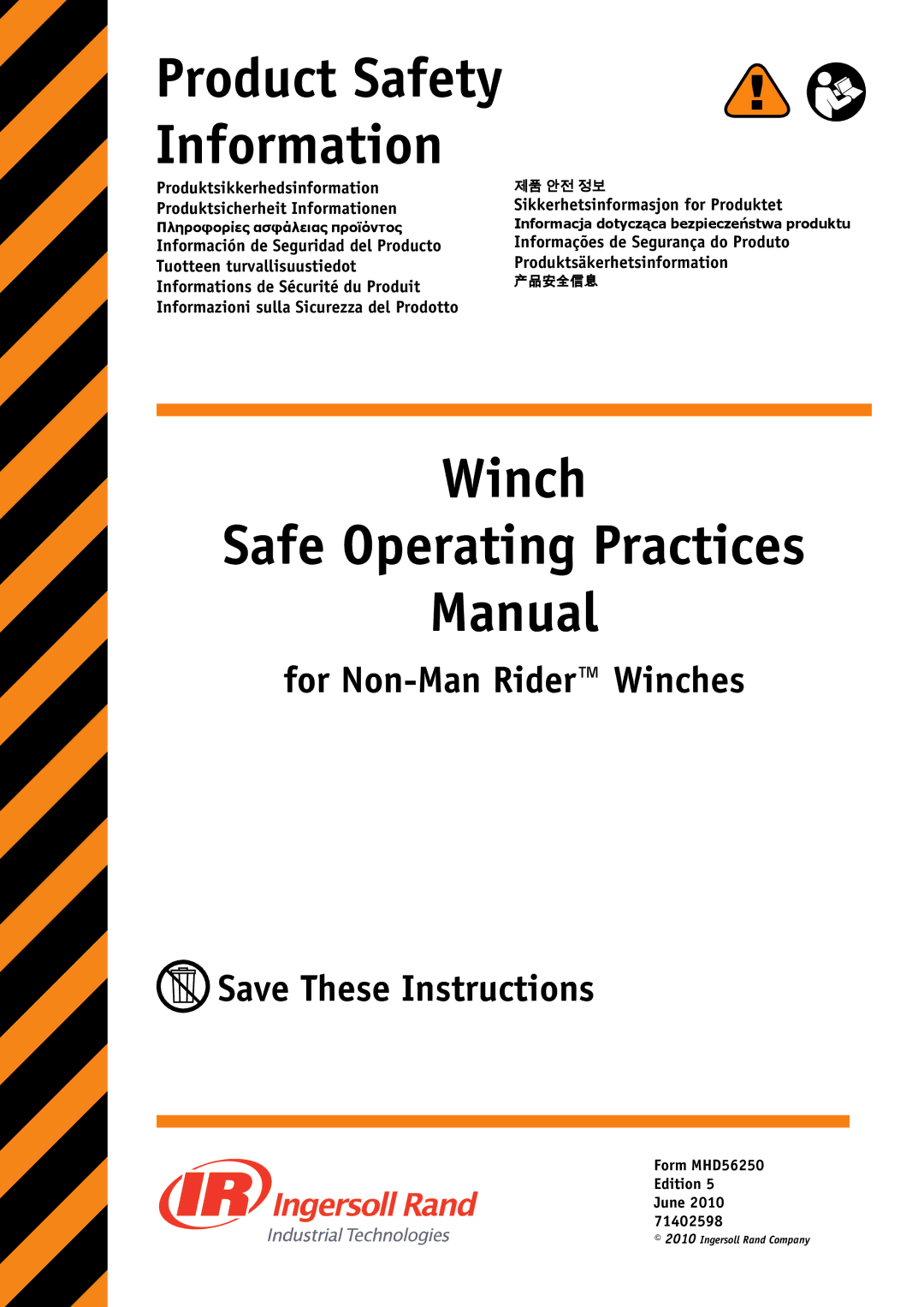 Ingersoll-Rand manual Product Safety Information, Form MHD56250 Edition June 2010 