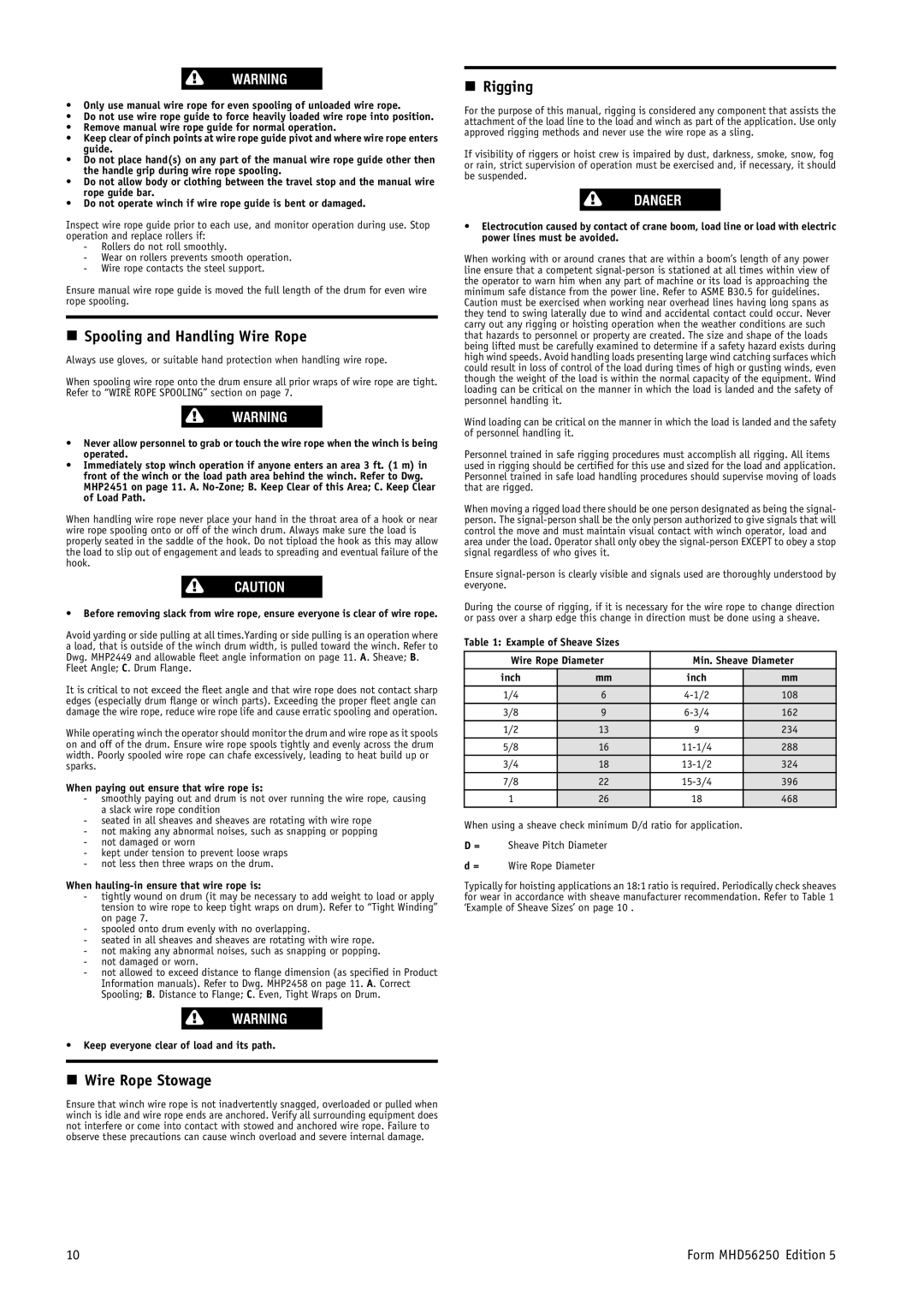 Ingersoll-Rand MHD56250 manual Spooling and Handling Wire Rope, Wire Rope Stowage, Rigging 