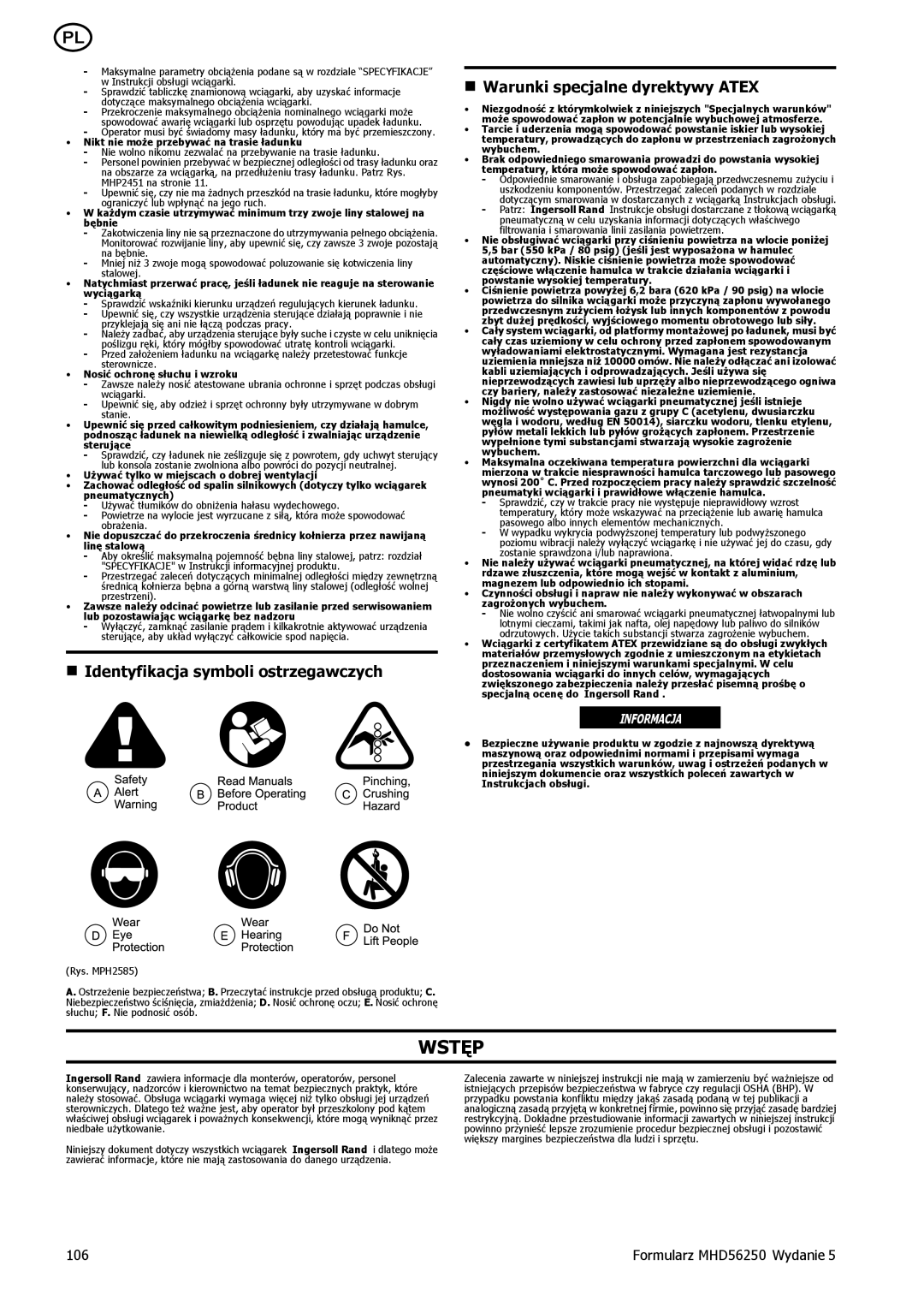 Ingersoll-Rand MHD56250 manual Wstęp, Identyfikacja symboli ostrzegawczych, Warunki specjalne dyrektywy Atex 