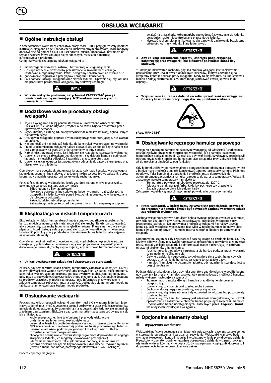 Ingersoll-Rand MHD56250 manual Obsługa Wciągarki 