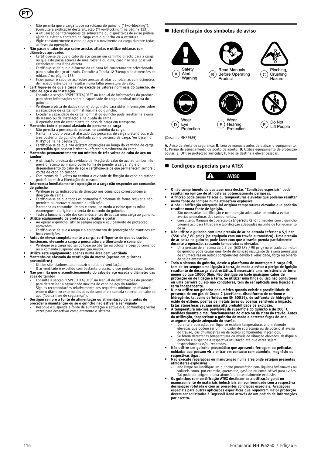 Ingersoll-Rand MHD56250 manual Identificação dos símbolos de aviso, Condições especiais para Atex, 116 