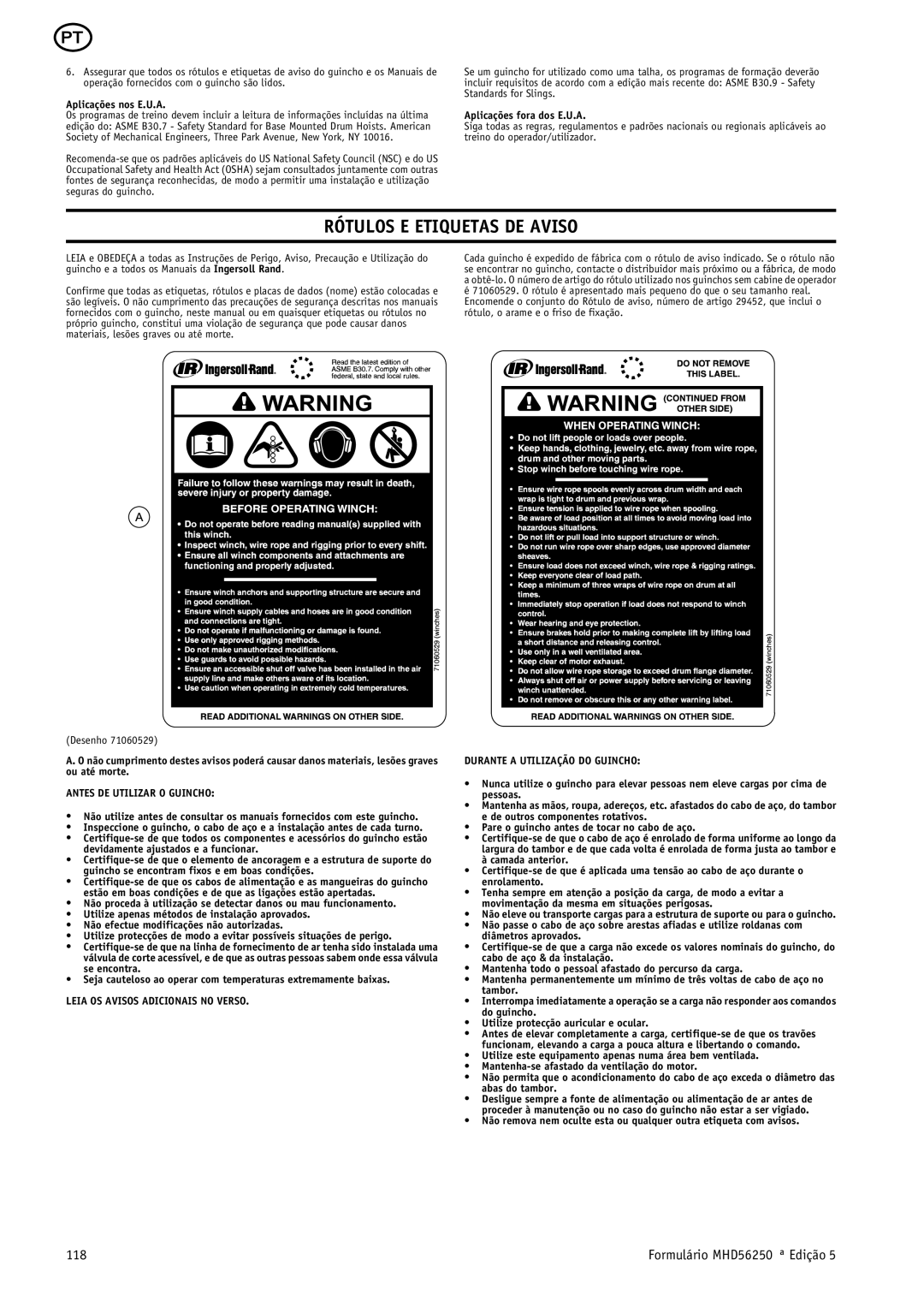 Ingersoll-Rand MHD56250 Rótulos E Etiquetas DE Aviso, 118, Antes DE Utilizar O Guincho, Leia OS Avisos Adicionais no Verso 