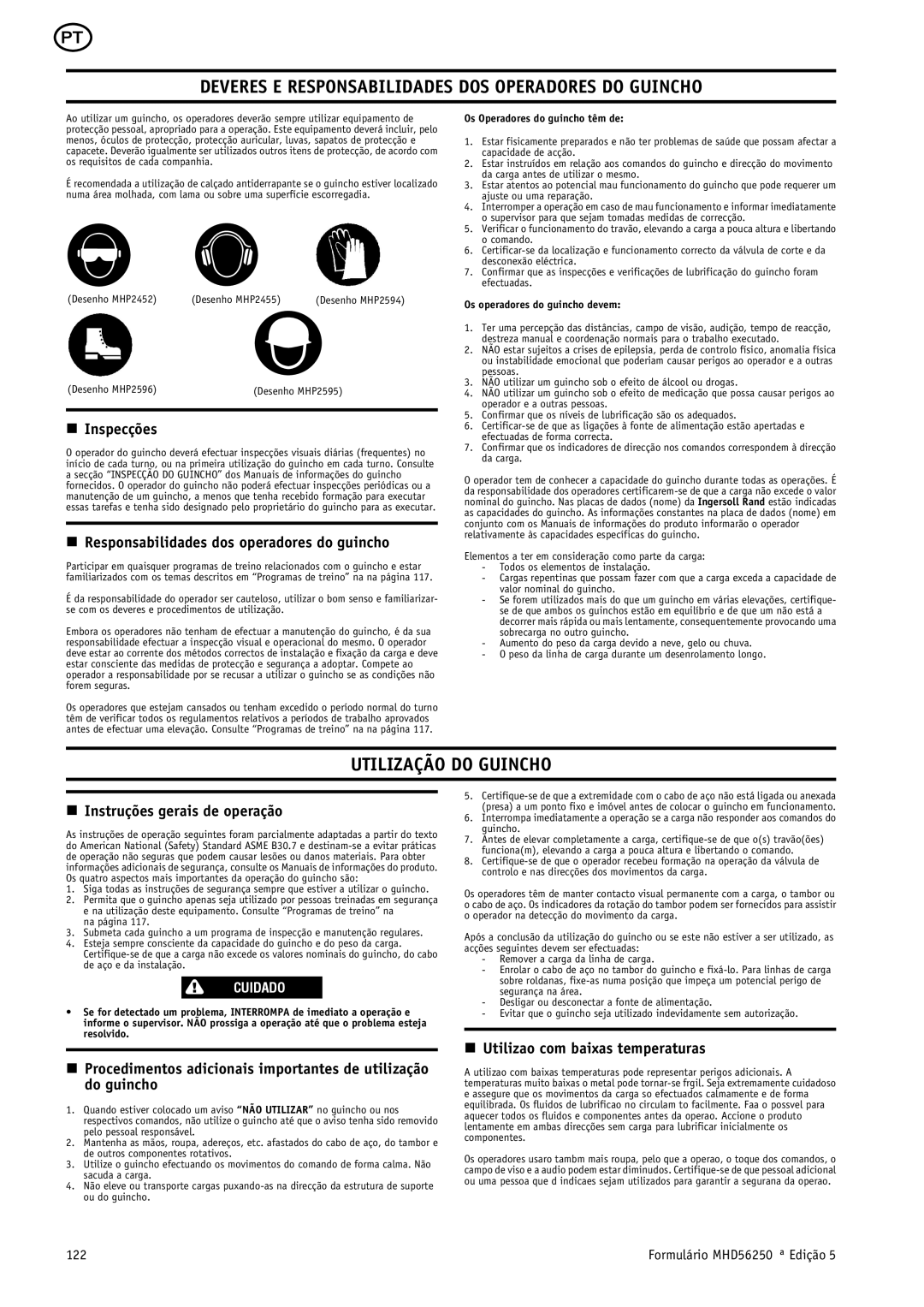 Ingersoll-Rand MHD56250 manual Deveres E Responsabilidades DOS Operadores do Guincho, Utilização do Guincho 