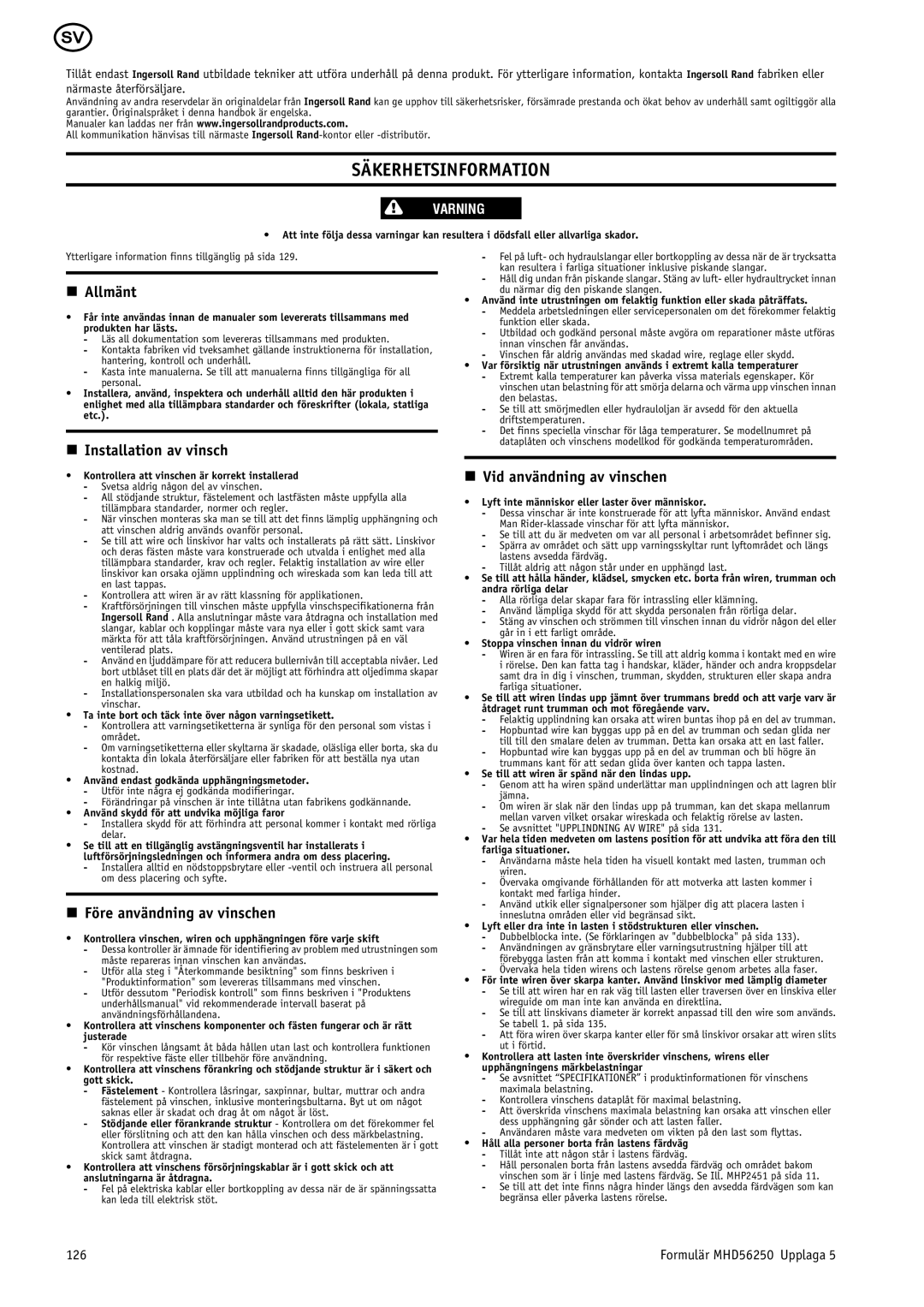 Ingersoll-Rand MHD56250 manual Säkerhetsinformation, Allmänt, Installation av vinsch, Före användning av vinschen 