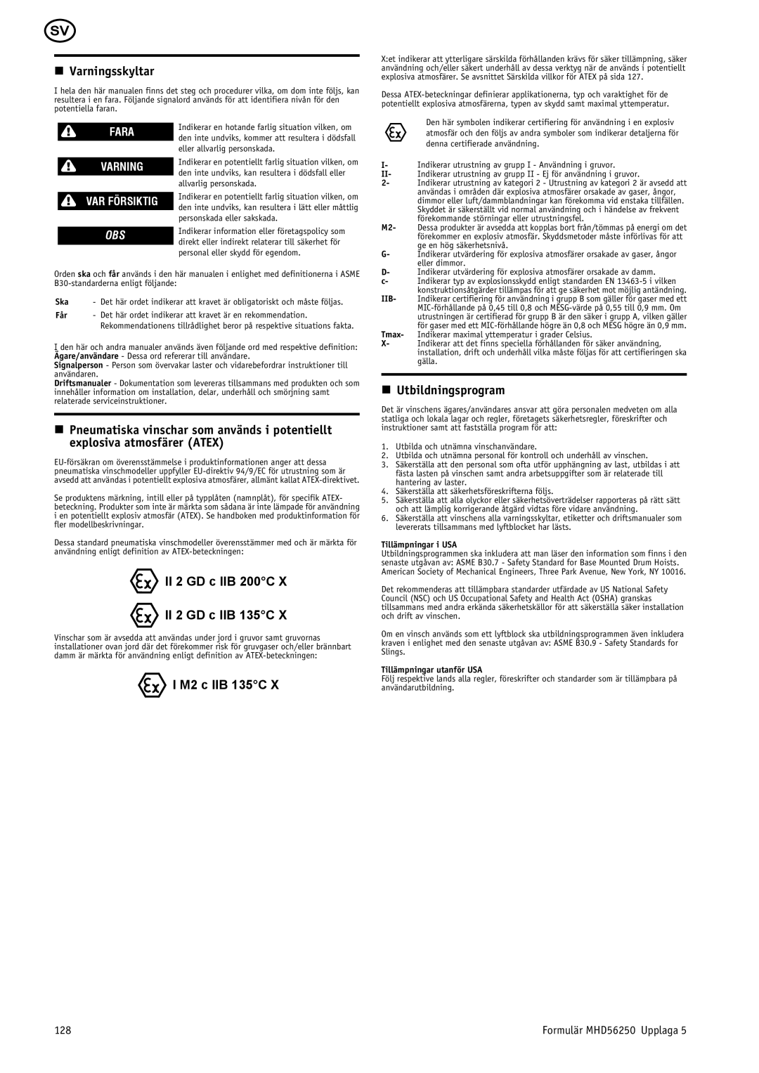 Ingersoll-Rand MHD56250 manual Varningsskyltar, Utbildningsprogram, Fara Varning VAR Försiktig, 128 