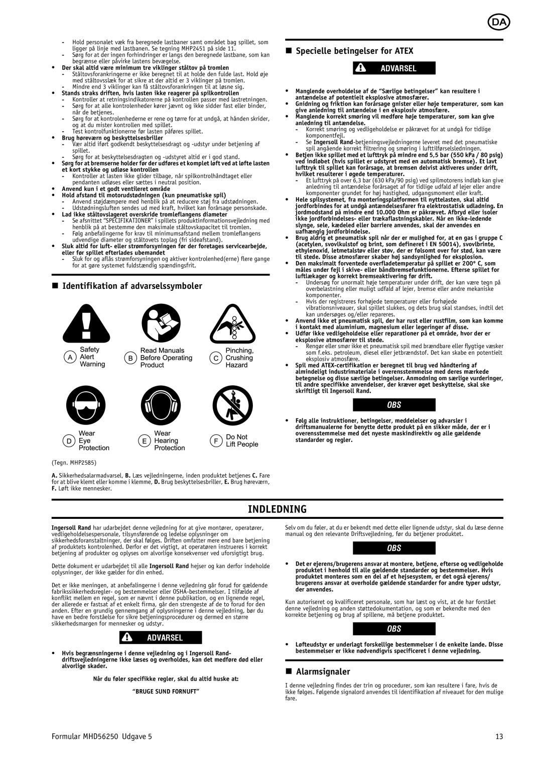 Ingersoll-Rand manual Indledning, Alarmsignaler, Formular MHD56250 Udgave, Bruge Sund Fornuft 